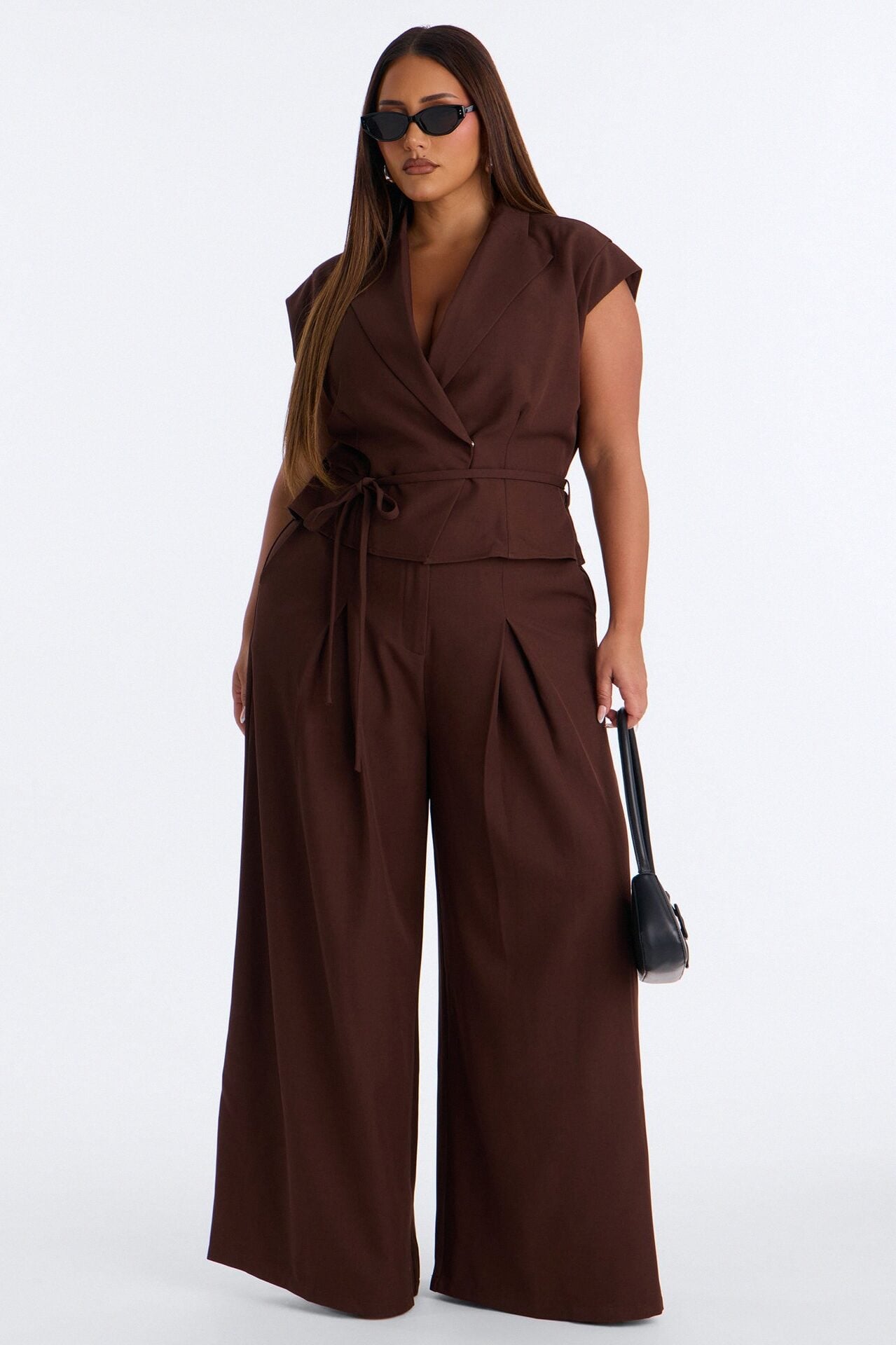 Cynthia Tie Waist Wide Leg Jumpsuit - Chocolate image 1