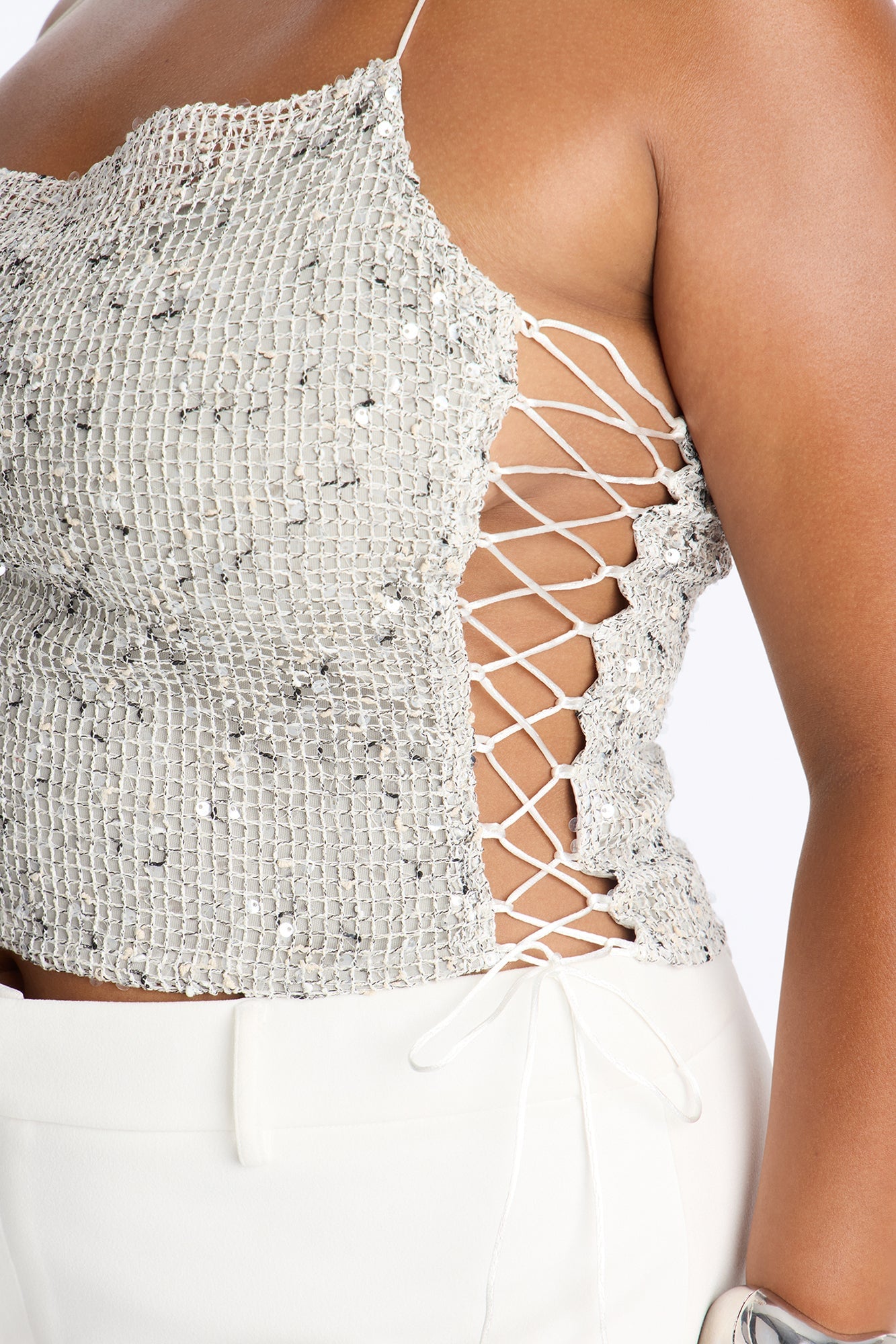 All The Glitters Lace Up Sequin Halter Top - Silver image 3