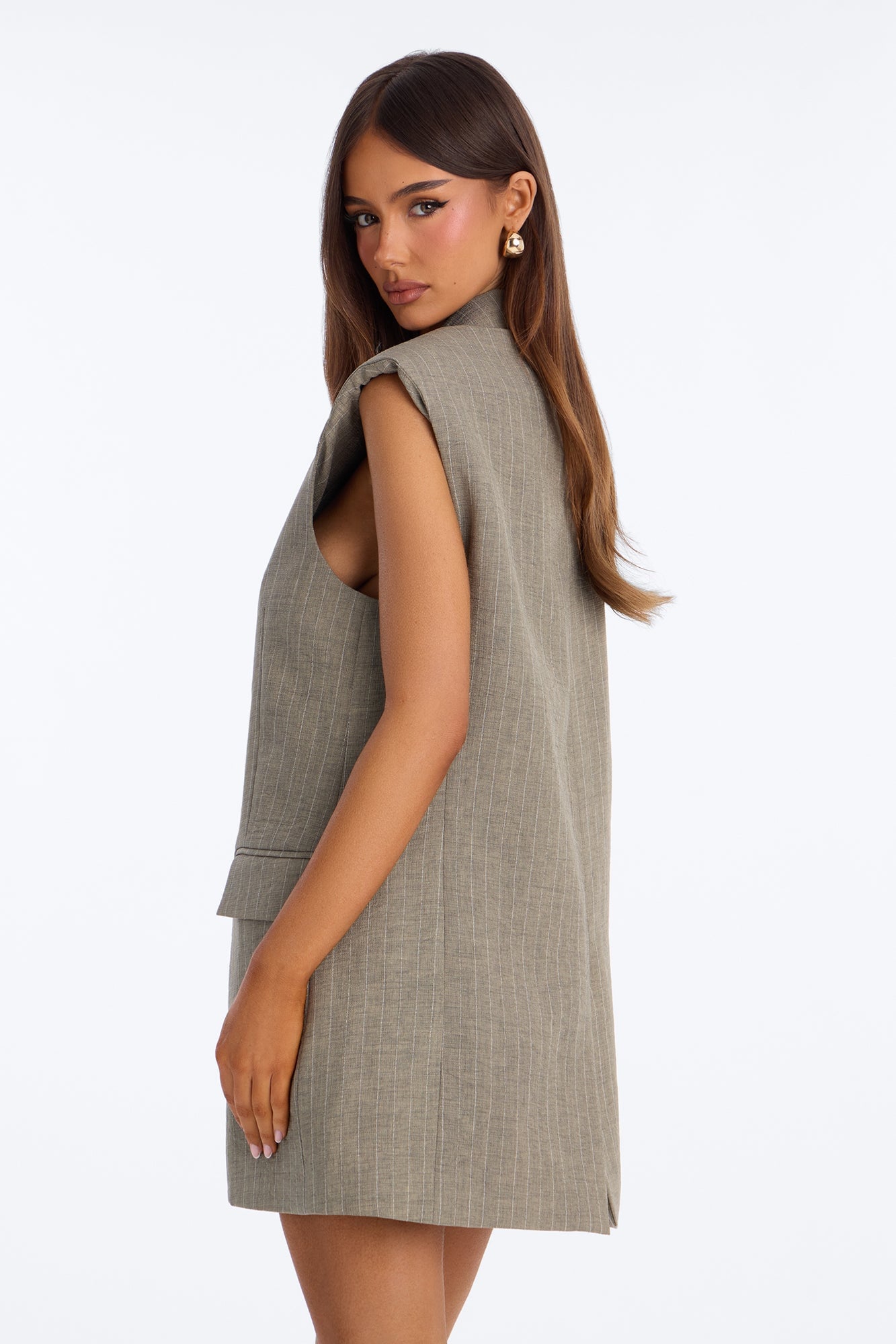 Cameron Pinstripe Vest Short Set - Olive image 8