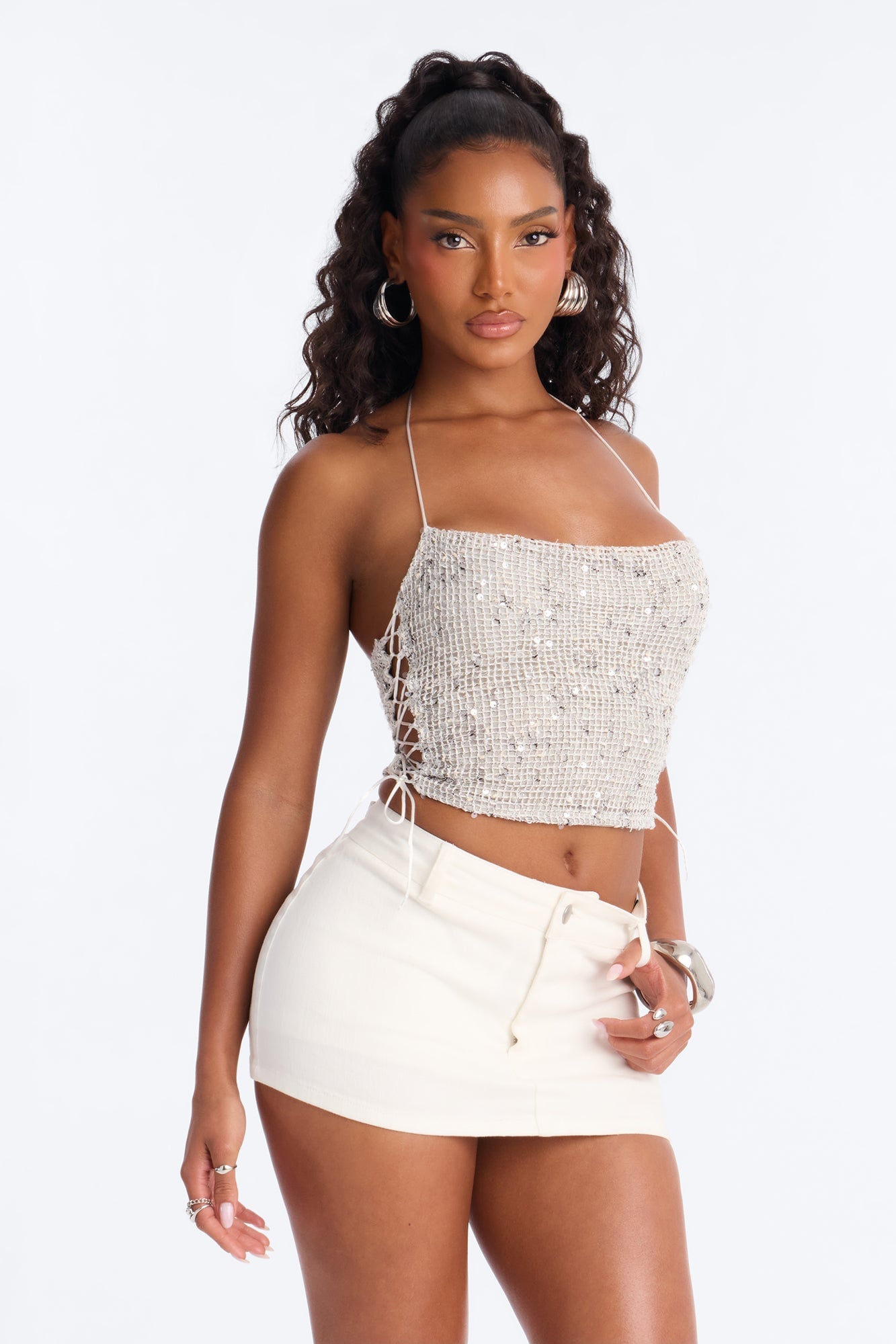 All The Glitters Lace Up Sequin Halter Top - Silver image 6