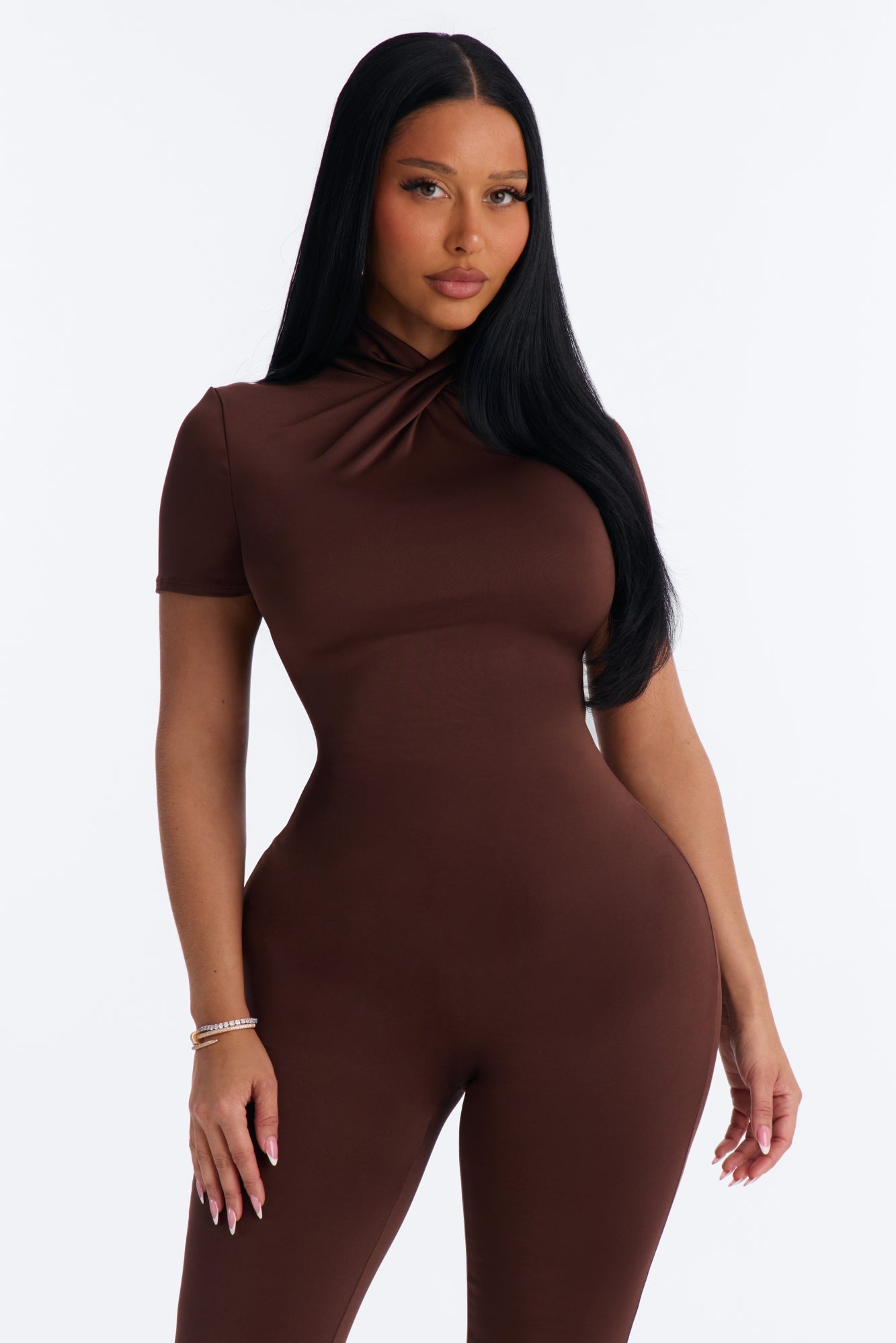 Nina Mock Neck Skinny Jumpsuit - Chocolate image 2