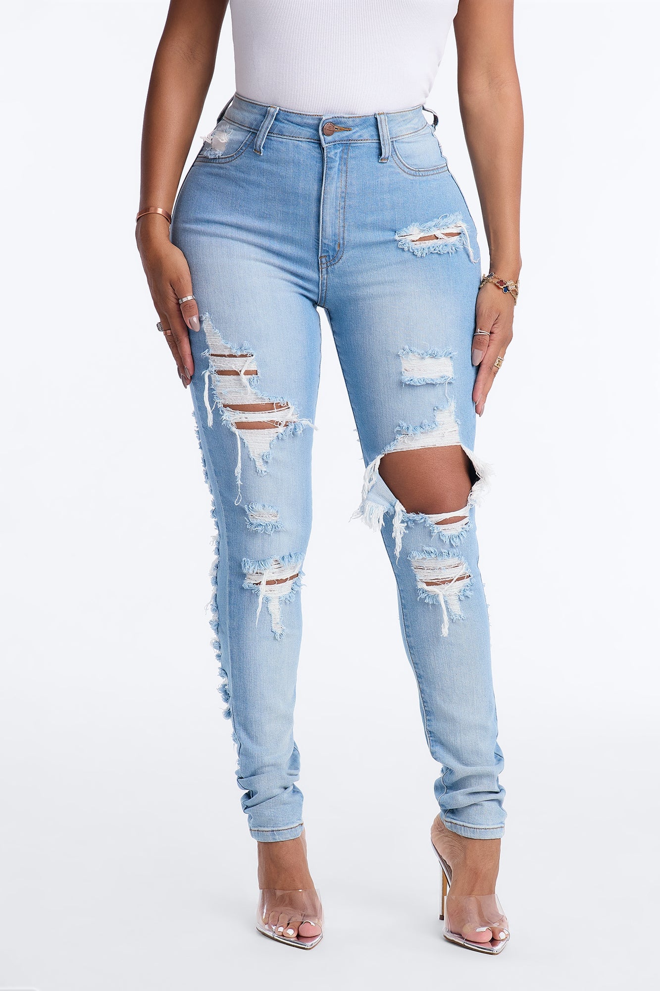 Always Playin' Games Destroyed Skinny Jeans - Light Wash image 3
