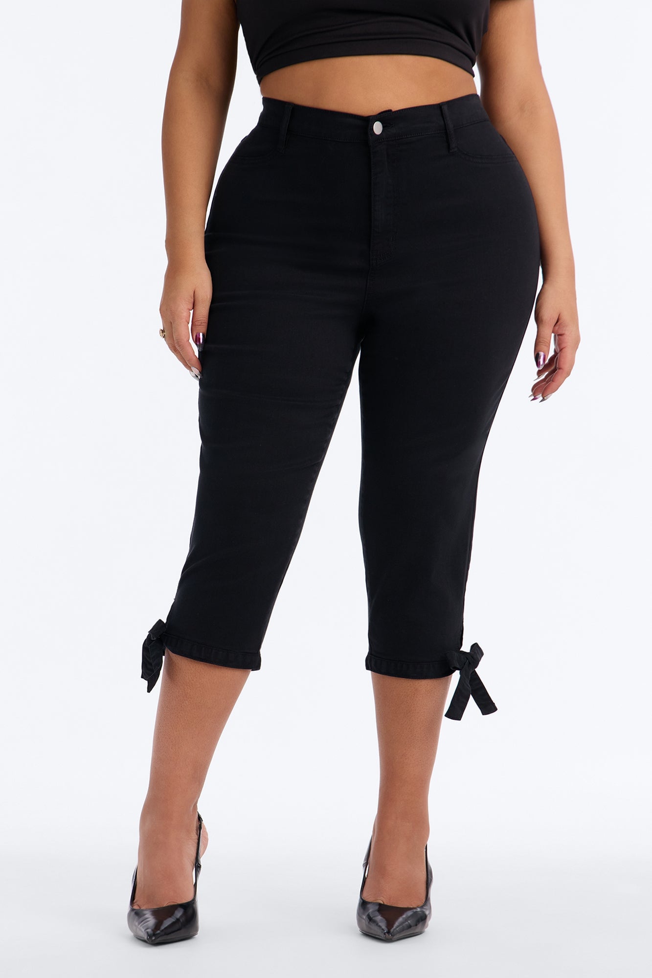 Classic Color High Waist Bow Tie Capri Jeans - Black image 2