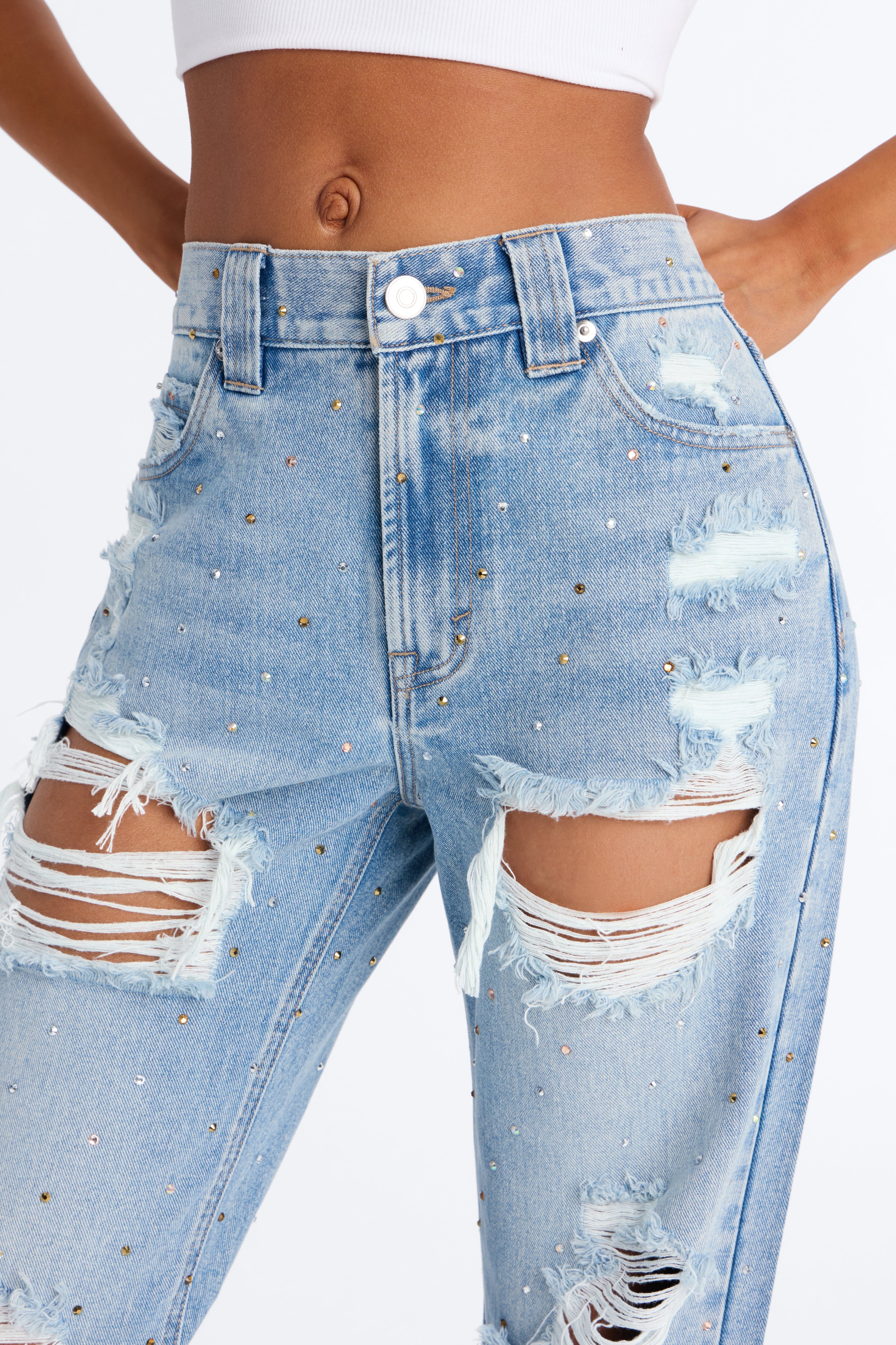 Shining Bright Embellished Ripped Straight Leg Jeans - Medium Wash image 3