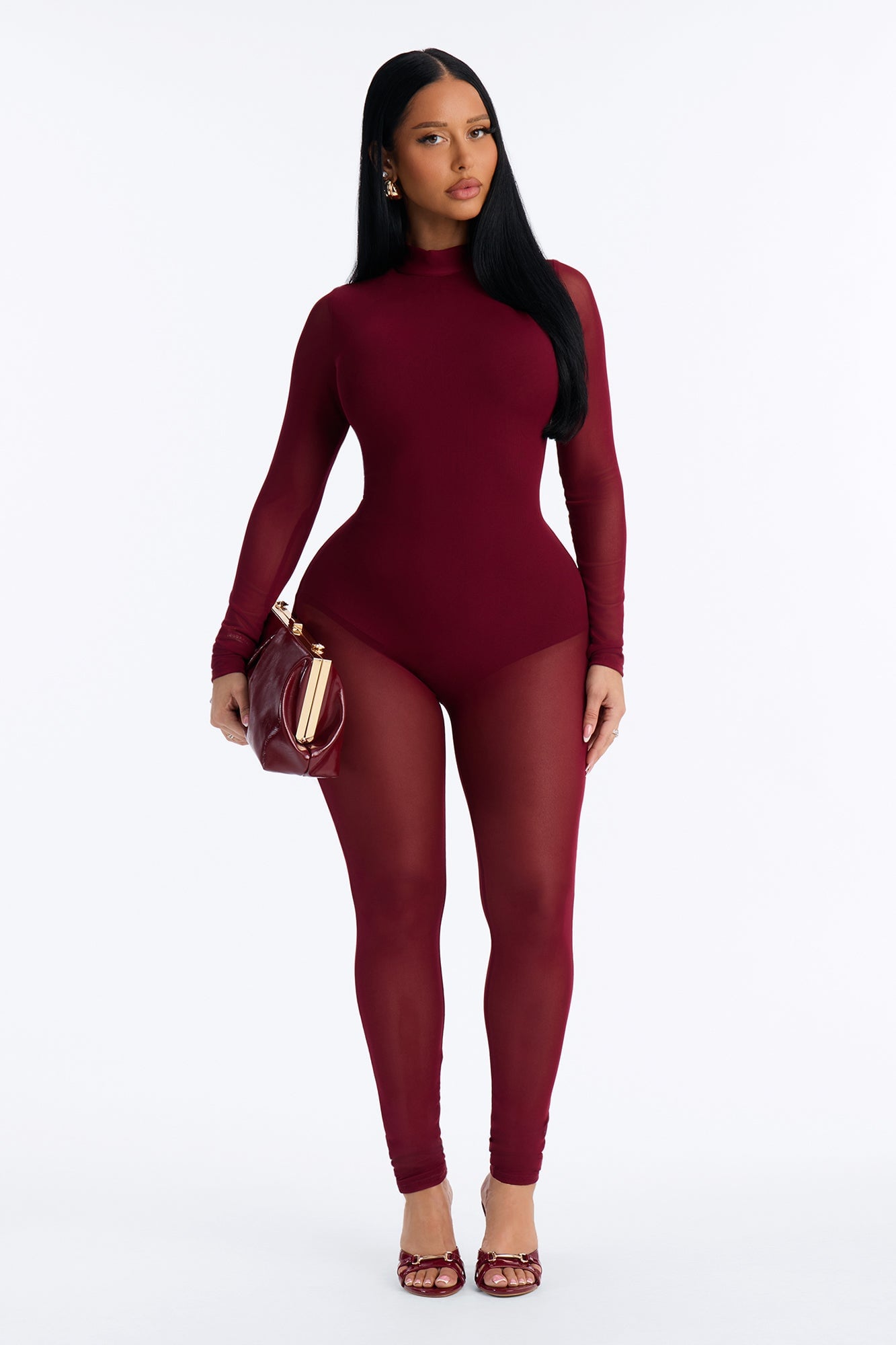 Smooth Moves Mesh Skinny Leg Jumpsuit - Wine image 1