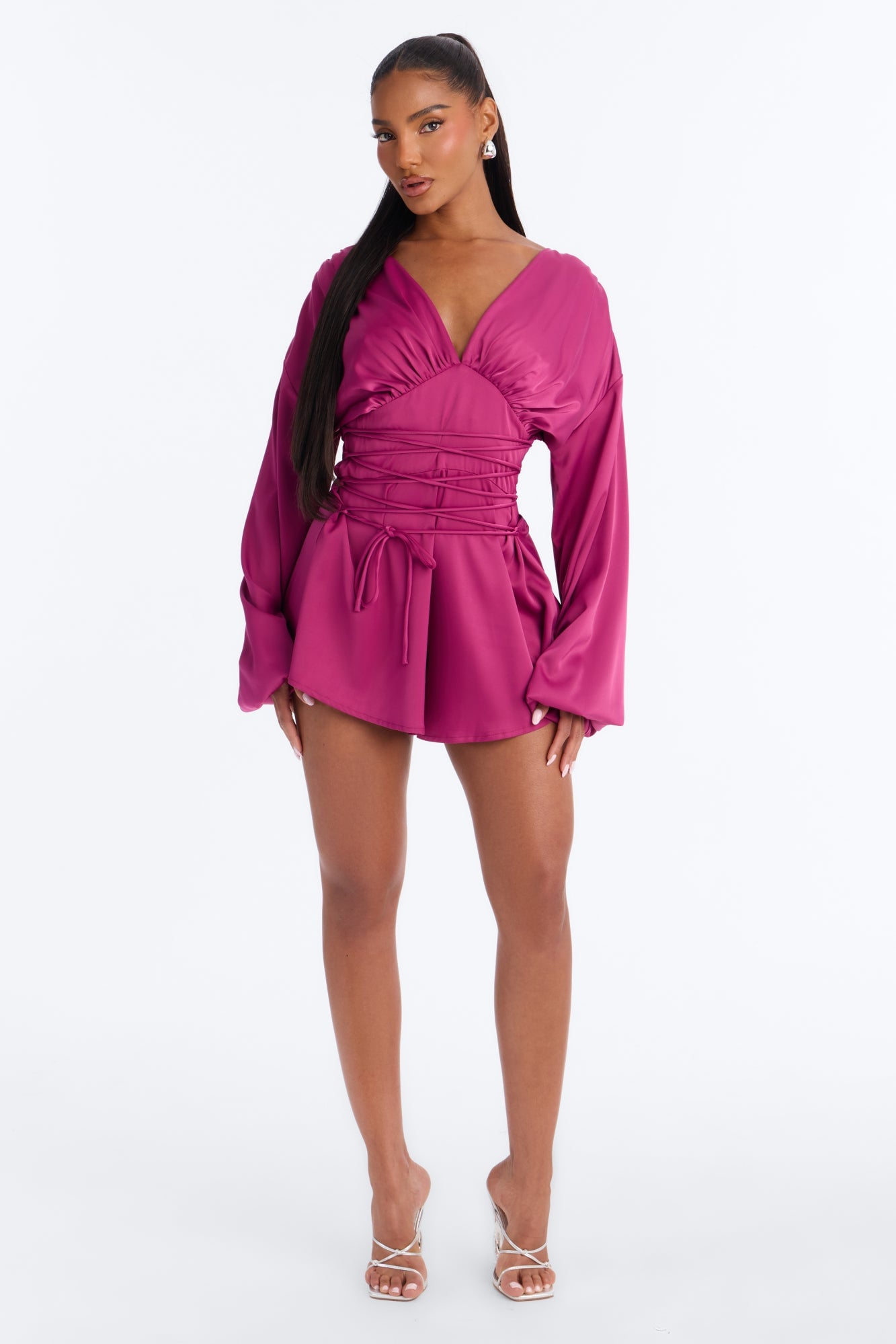 Mila Lace Up Satin Romper - Magenta image 1