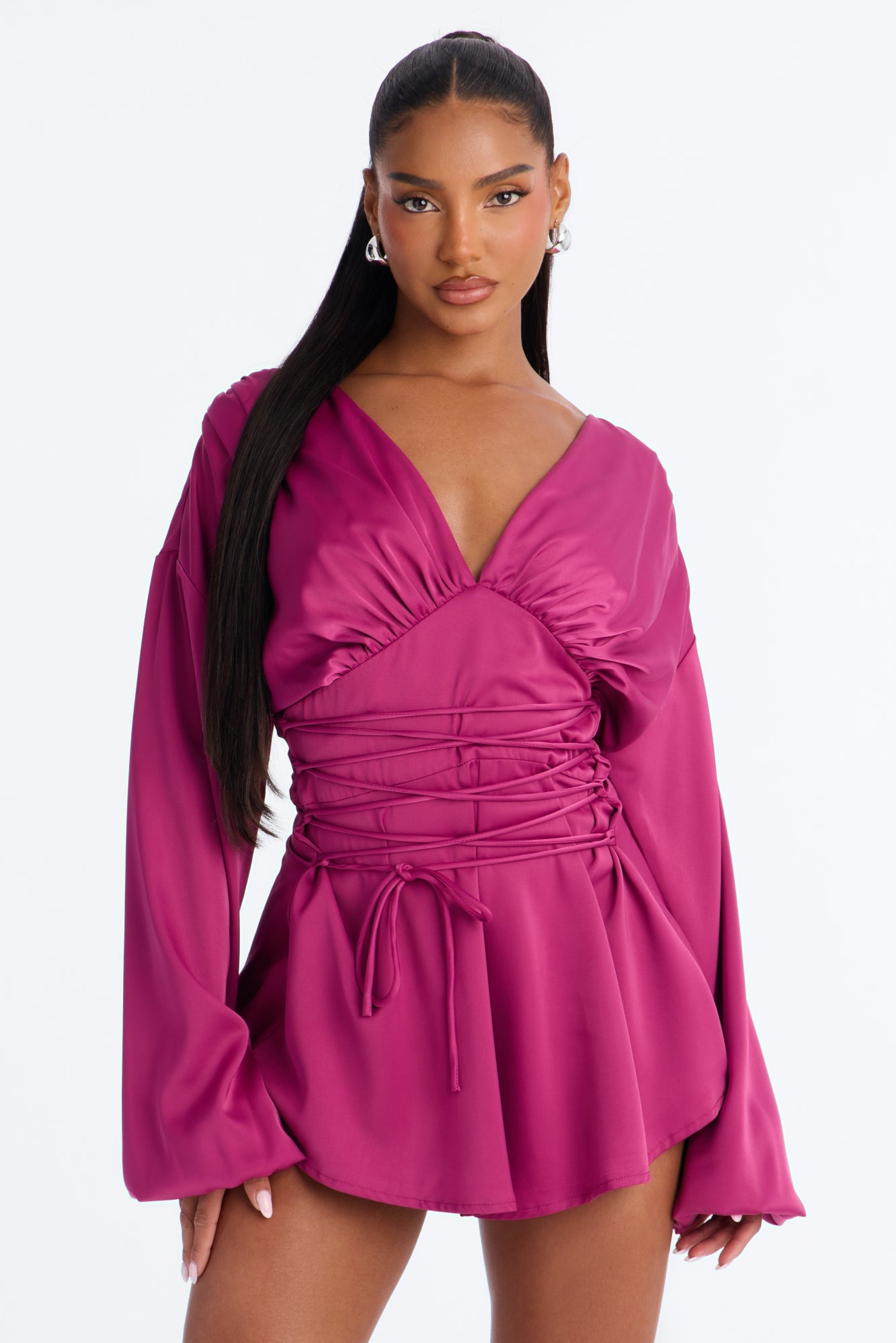 Mila Lace Up Satin Romper - Magenta image 2