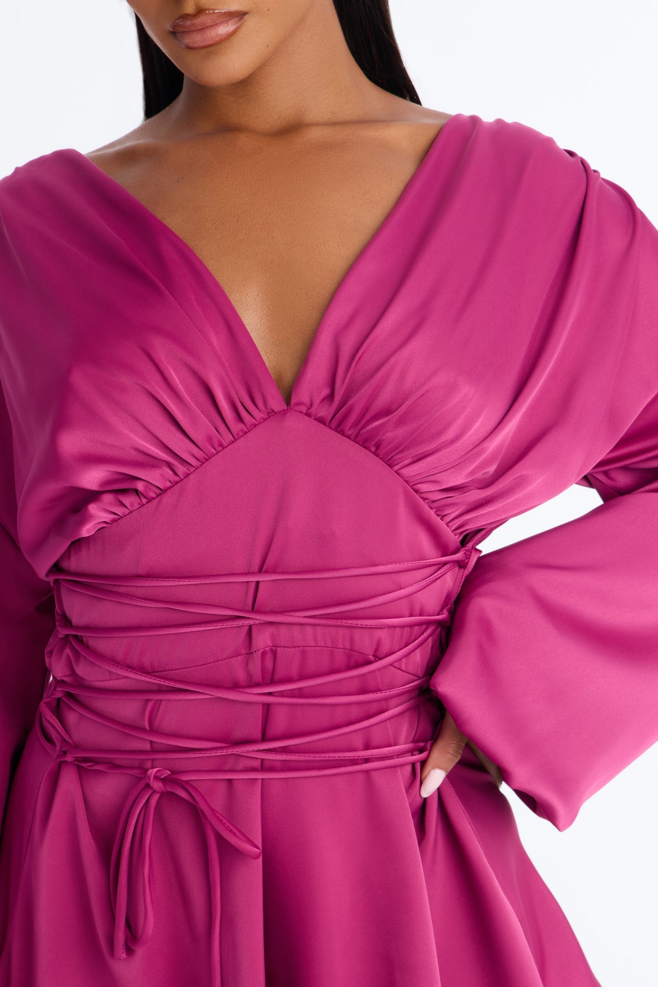 Mila Lace Up Satin Romper - Magenta image 3