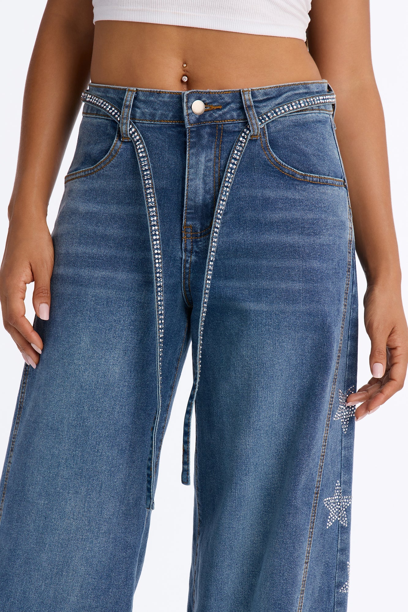Seeing Stars Embellished Belted Wide Leg Jeans - Medium Wash image 3