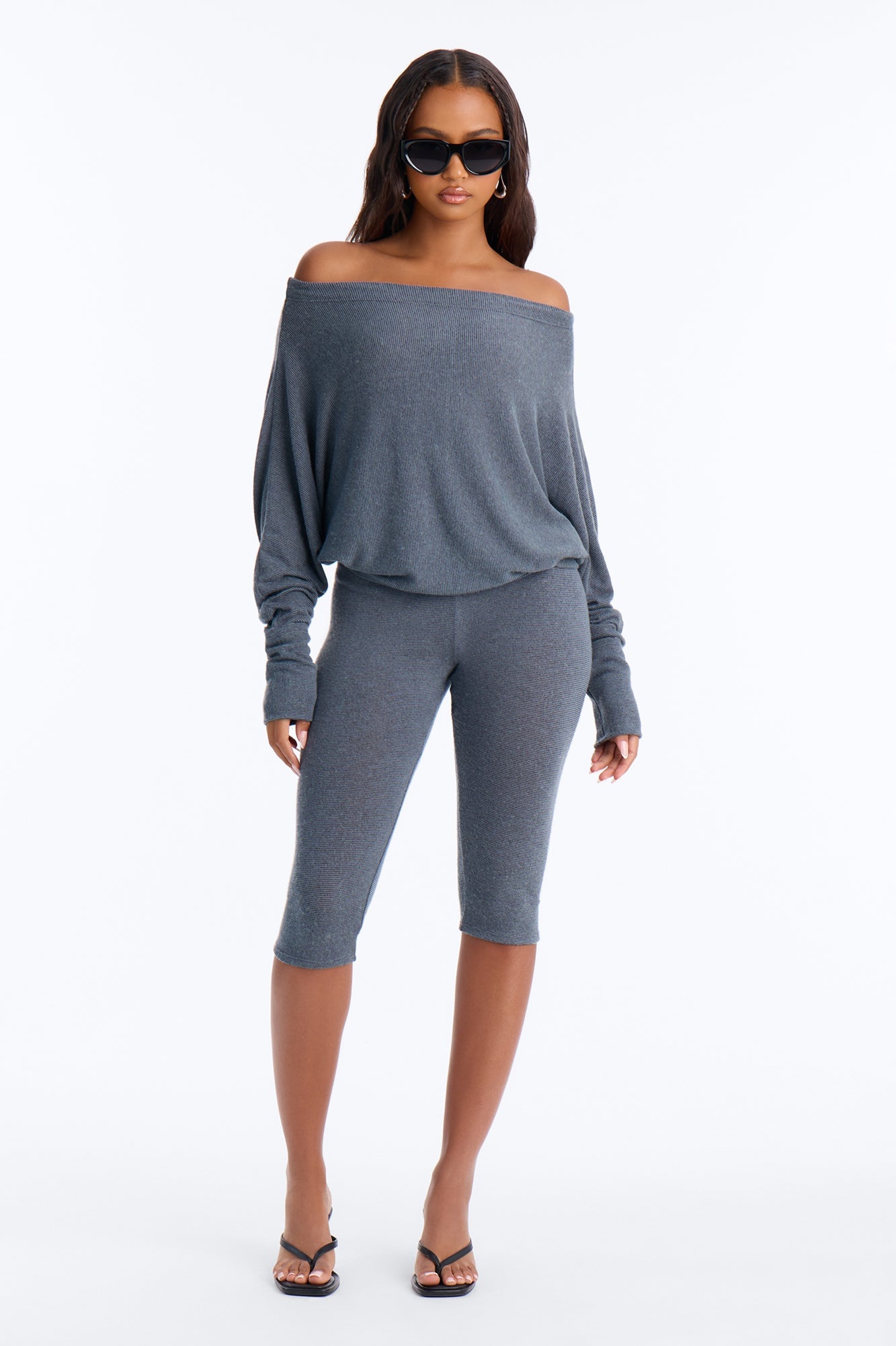 Clara Off Shoulder Hacci Capri Set - Grey image 5