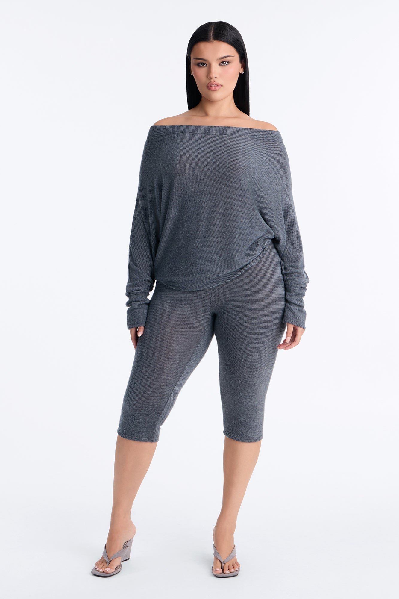 Clara Off Shoulder Hacci Capri Set - Grey image 1