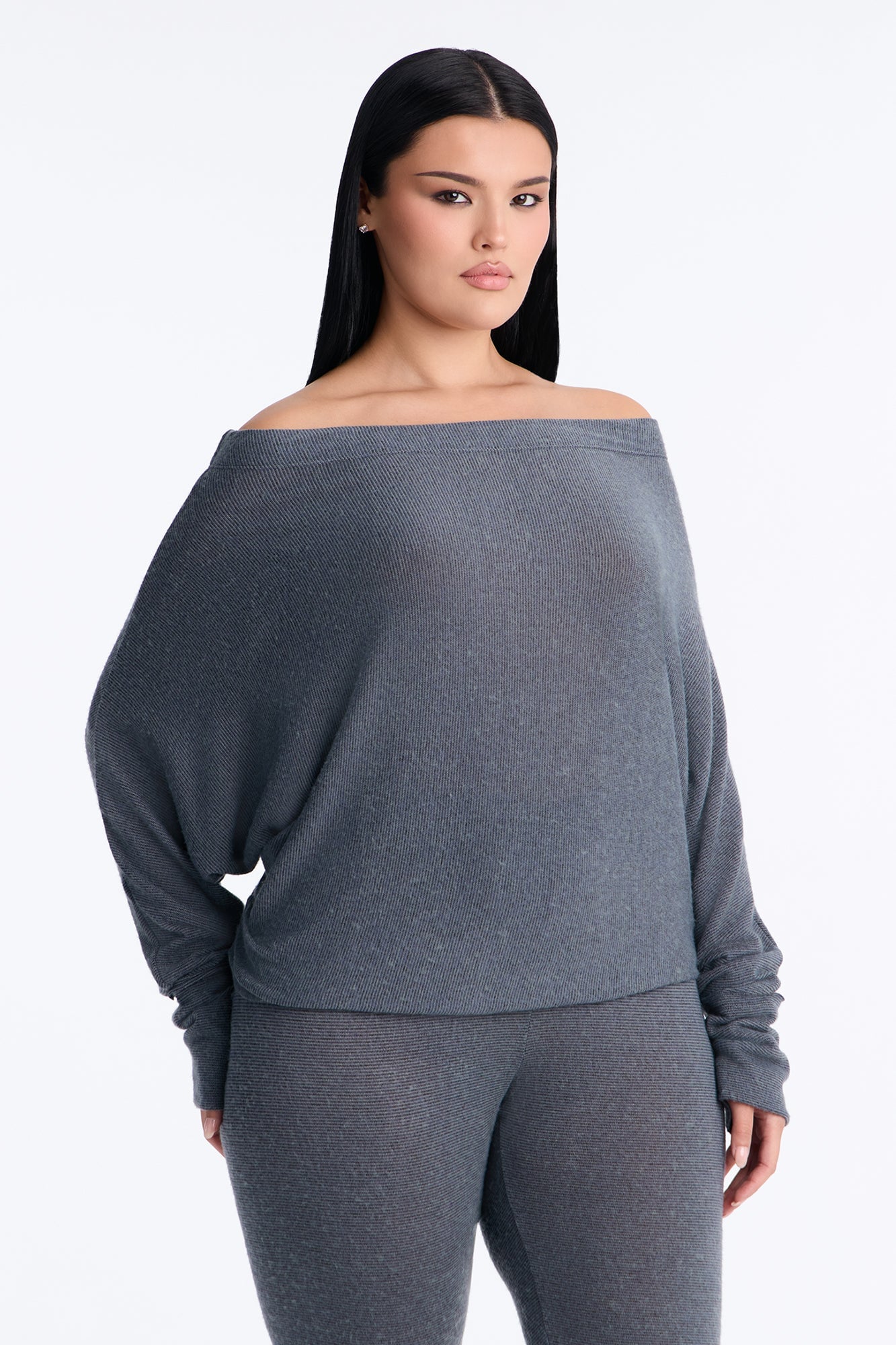 Clara Off Shoulder Hacci Capri Set - Grey image 2