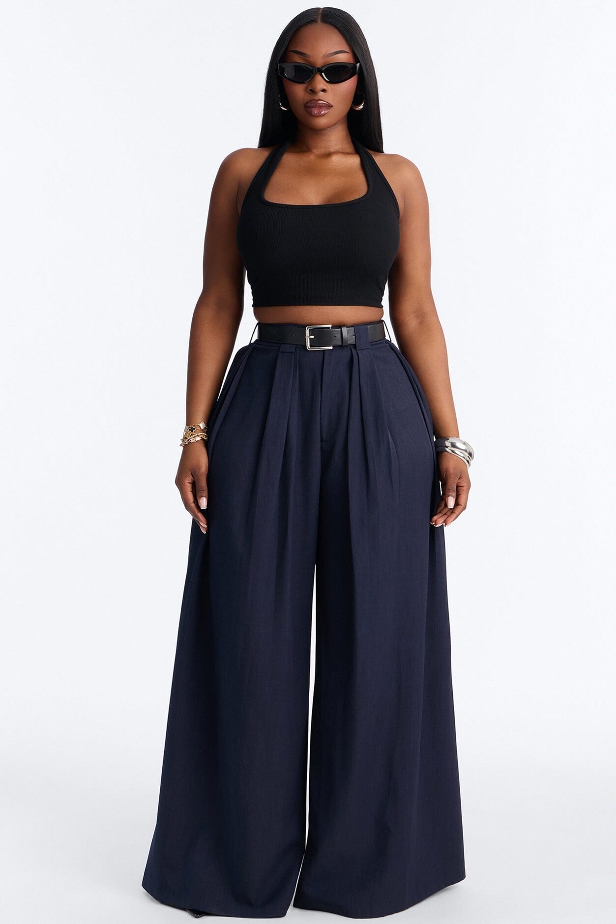 No Brainer Belted Wide Leg Pleated Pant - Navy image 1