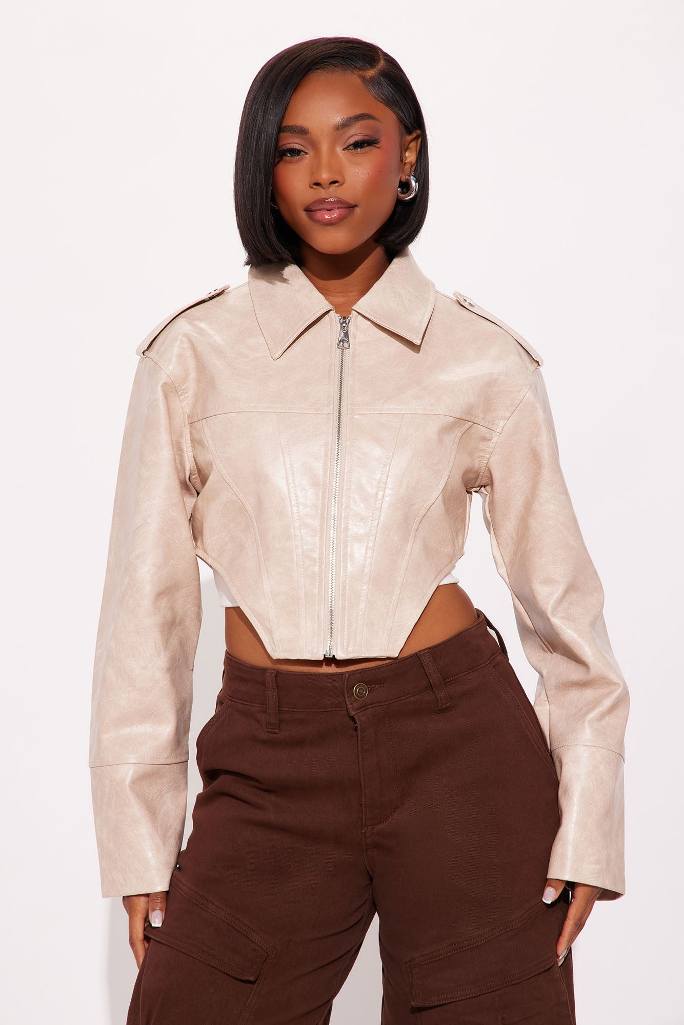 Talk Is Cheap Faux Patent Leather Moto Jacket - Stone image 1