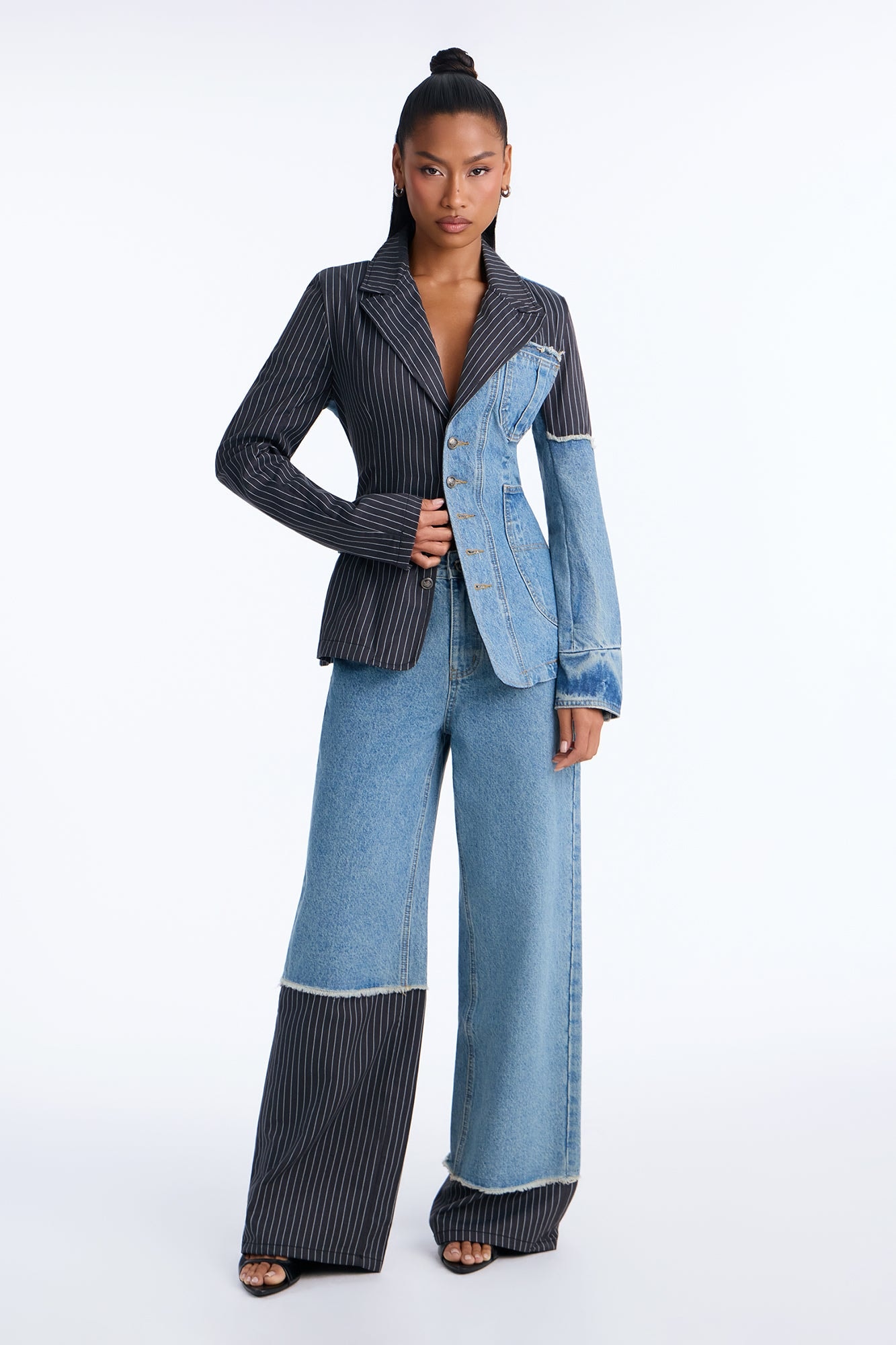 The Alibi Deconstructed Pinstripe Wide Leg Jeans - Medium Wash image 1