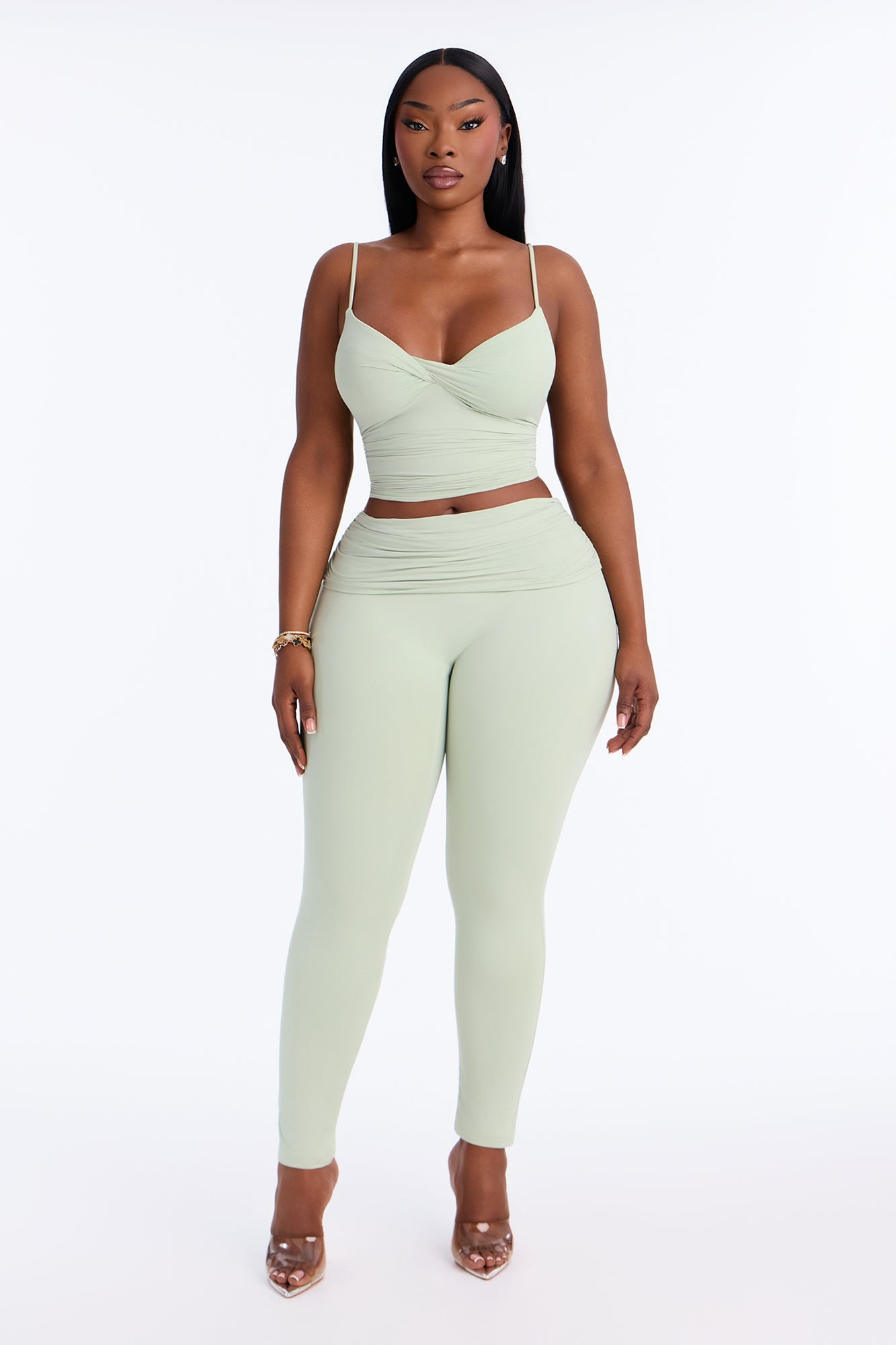 Second Skin Double Lined Ruched Foldover Leggings - Mint image 1