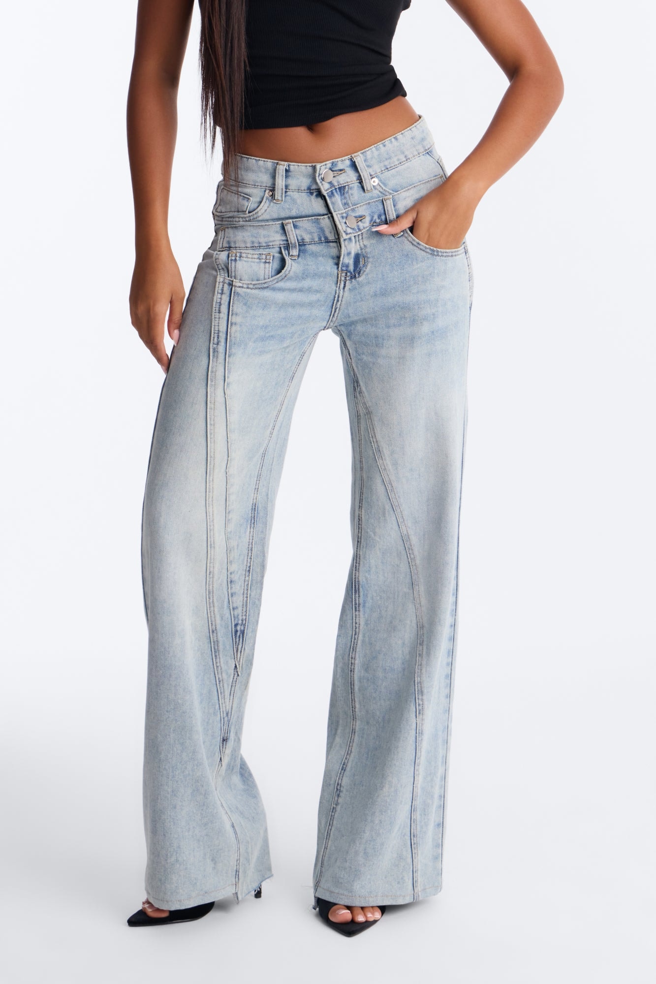 Take Me Away Double Waistband Straight Leg Jeans - Light Wash image 1