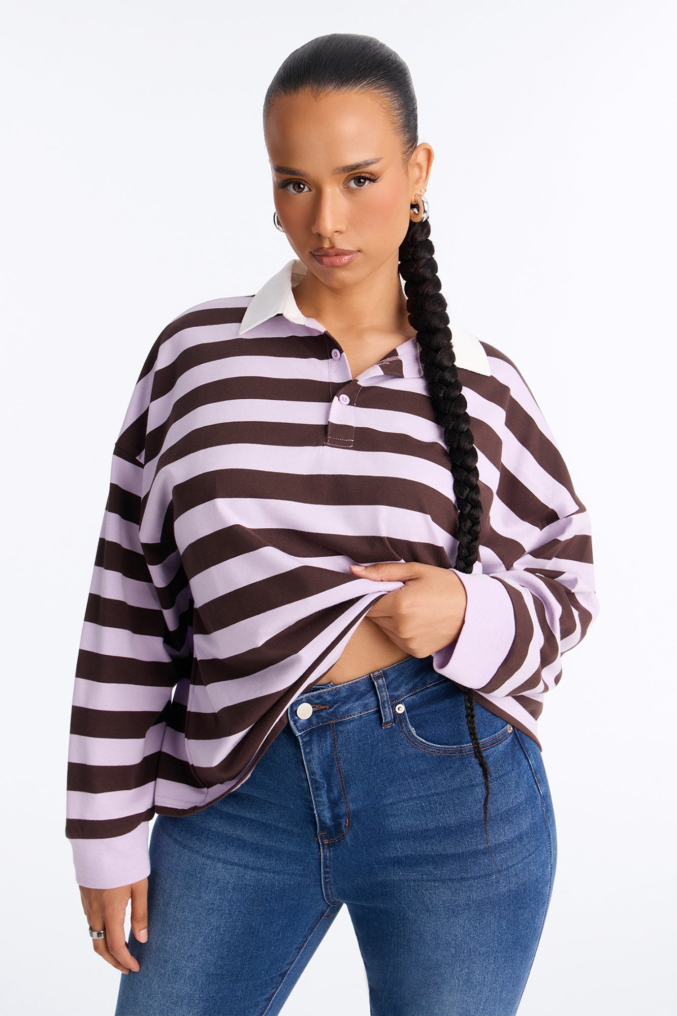 Tara Striped Long Sleeve Polo - Lavender/combo image 1
