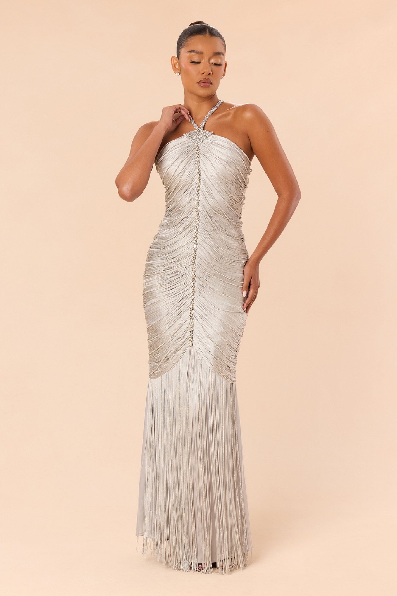 Tell Me About It Satin Fringe Gown - Silver image 1