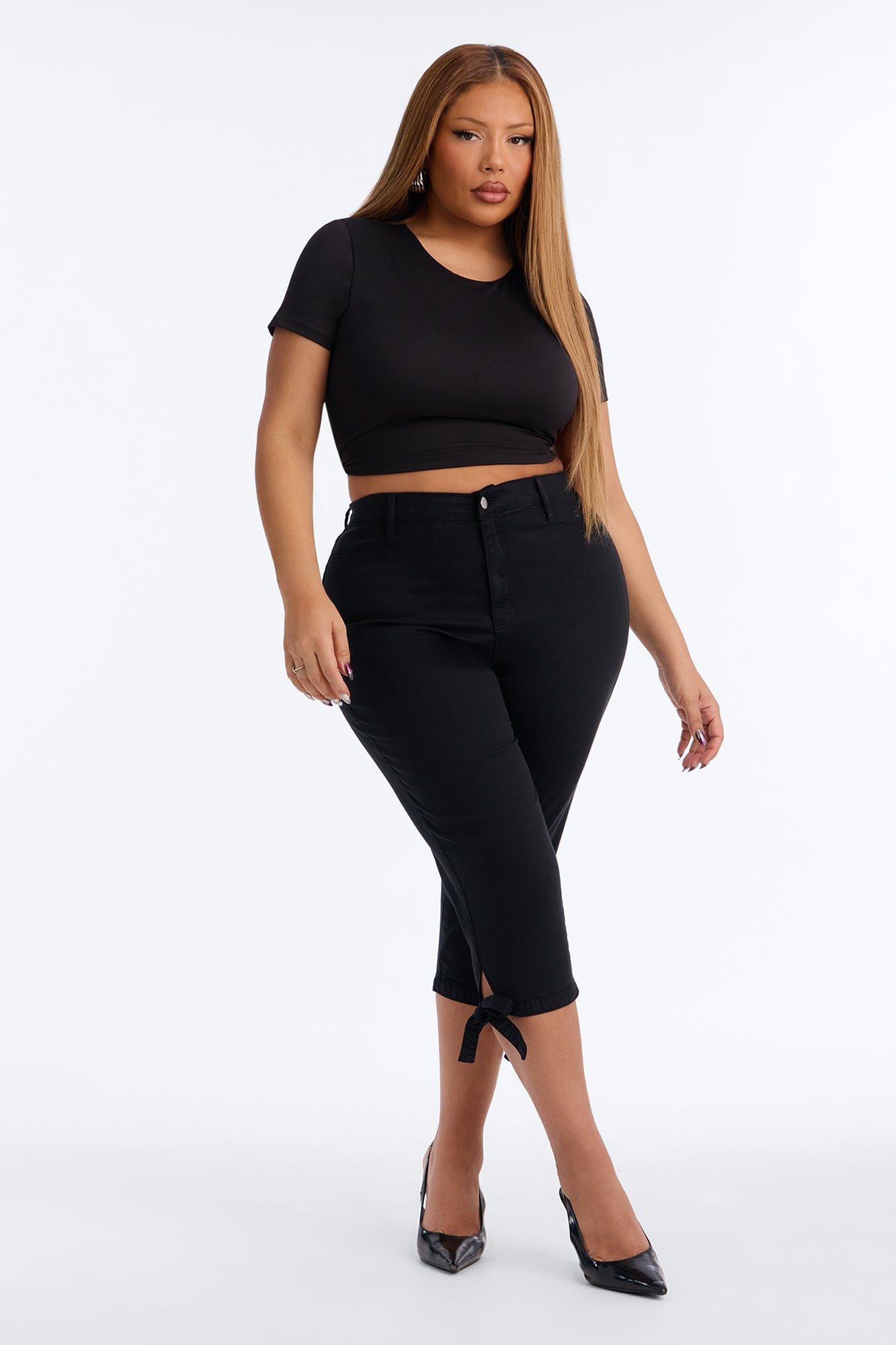 Classic Color High Waist Bow Tie Capri Jeans - Black image 1