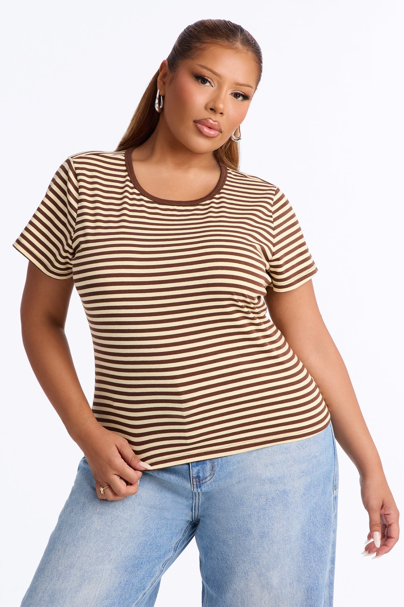 Taylor Striped Crew Neck Short Sleeve Top - Brown/combo image 1