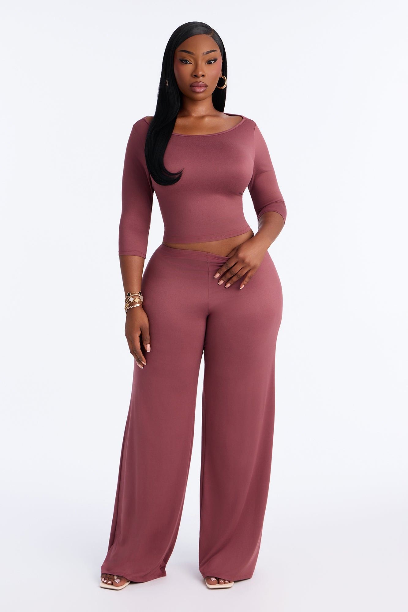 Leanne 3/4 Sleeve Pant Set - Marsala image 1