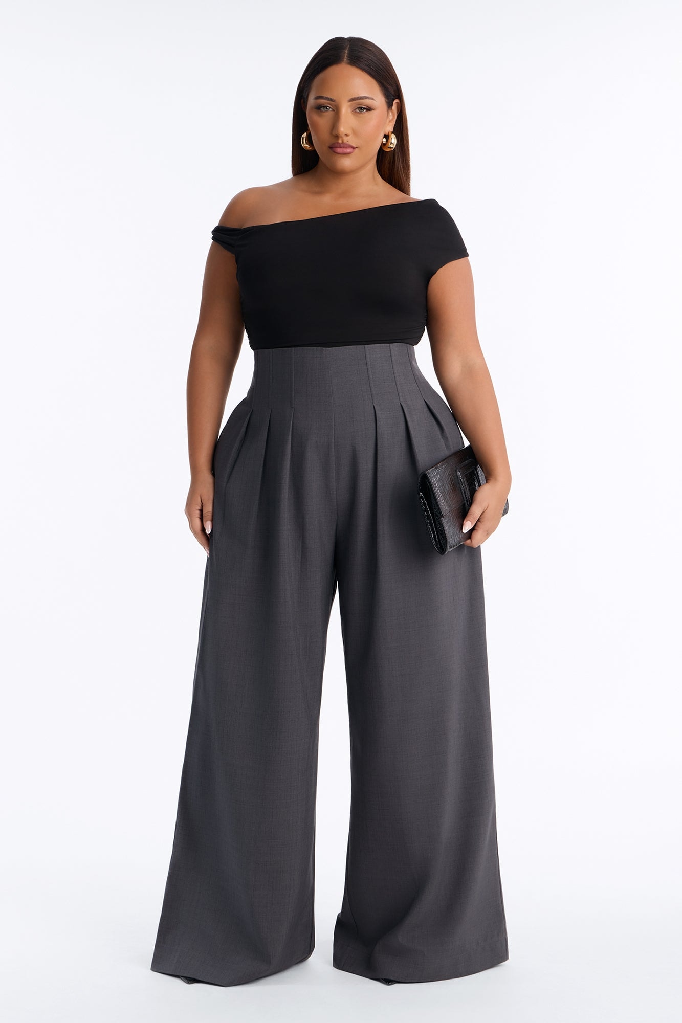 Talia High Rise Corset Waist Wide Leg Pant 33″ - Charcoal image 1