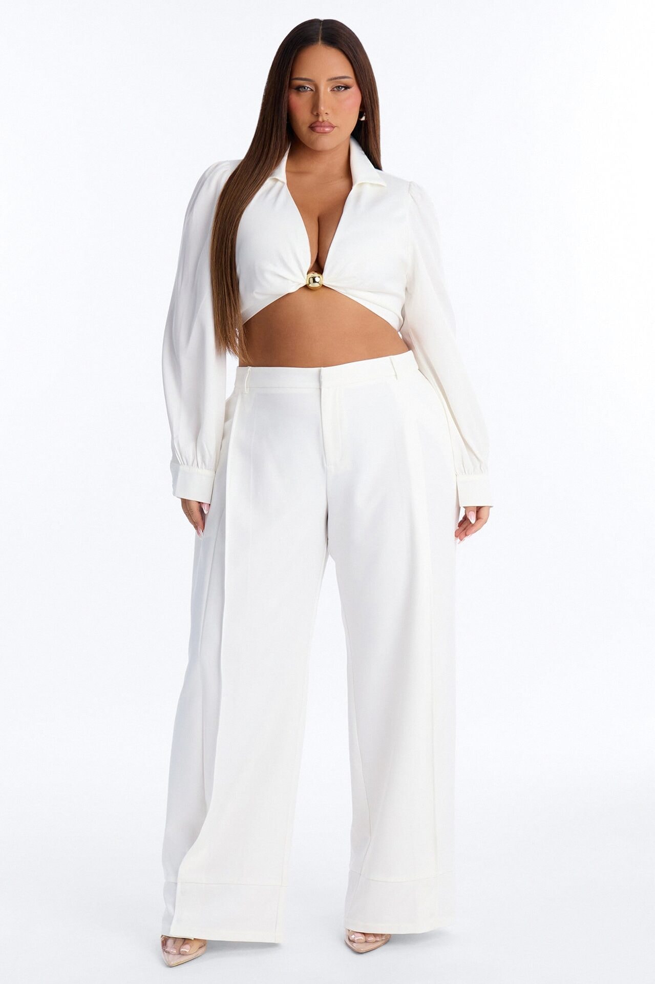 Anya Double Side Pleat Button Hem Trouser 33″ - White image 1