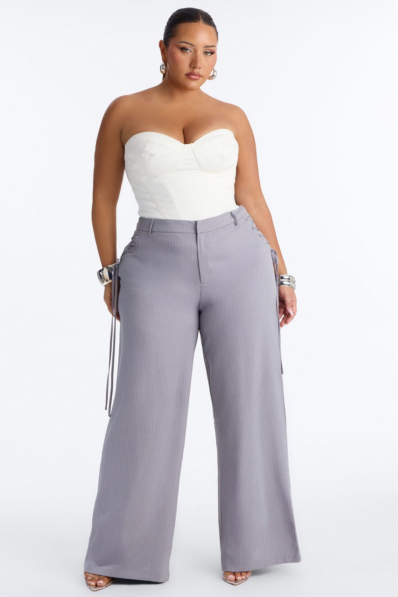 All Laced Up Low Rise Pinstripe Trouser - Light Grey image 1