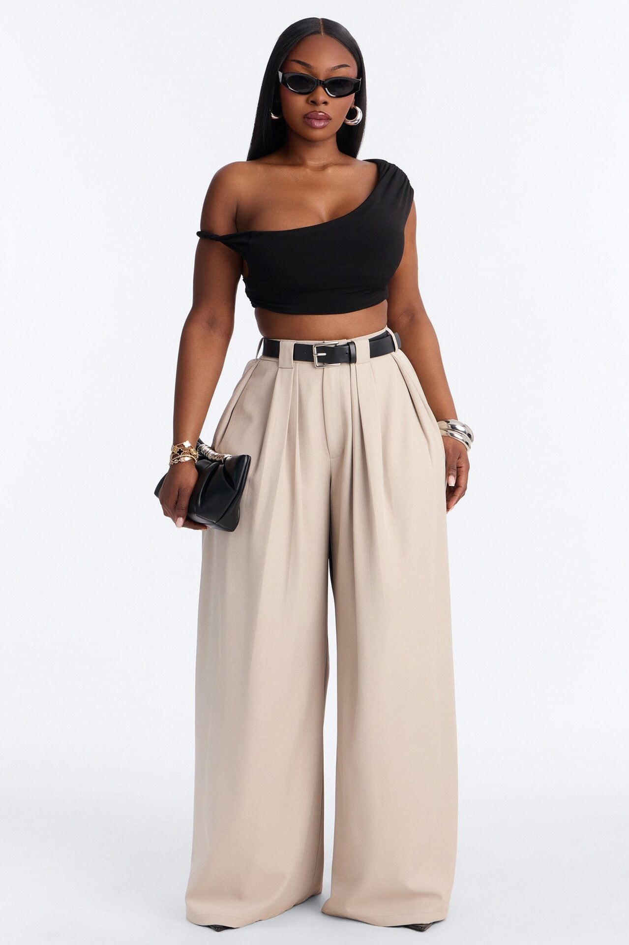 No Brainer Belted Wide Leg Pleated Pant - Stone image 1