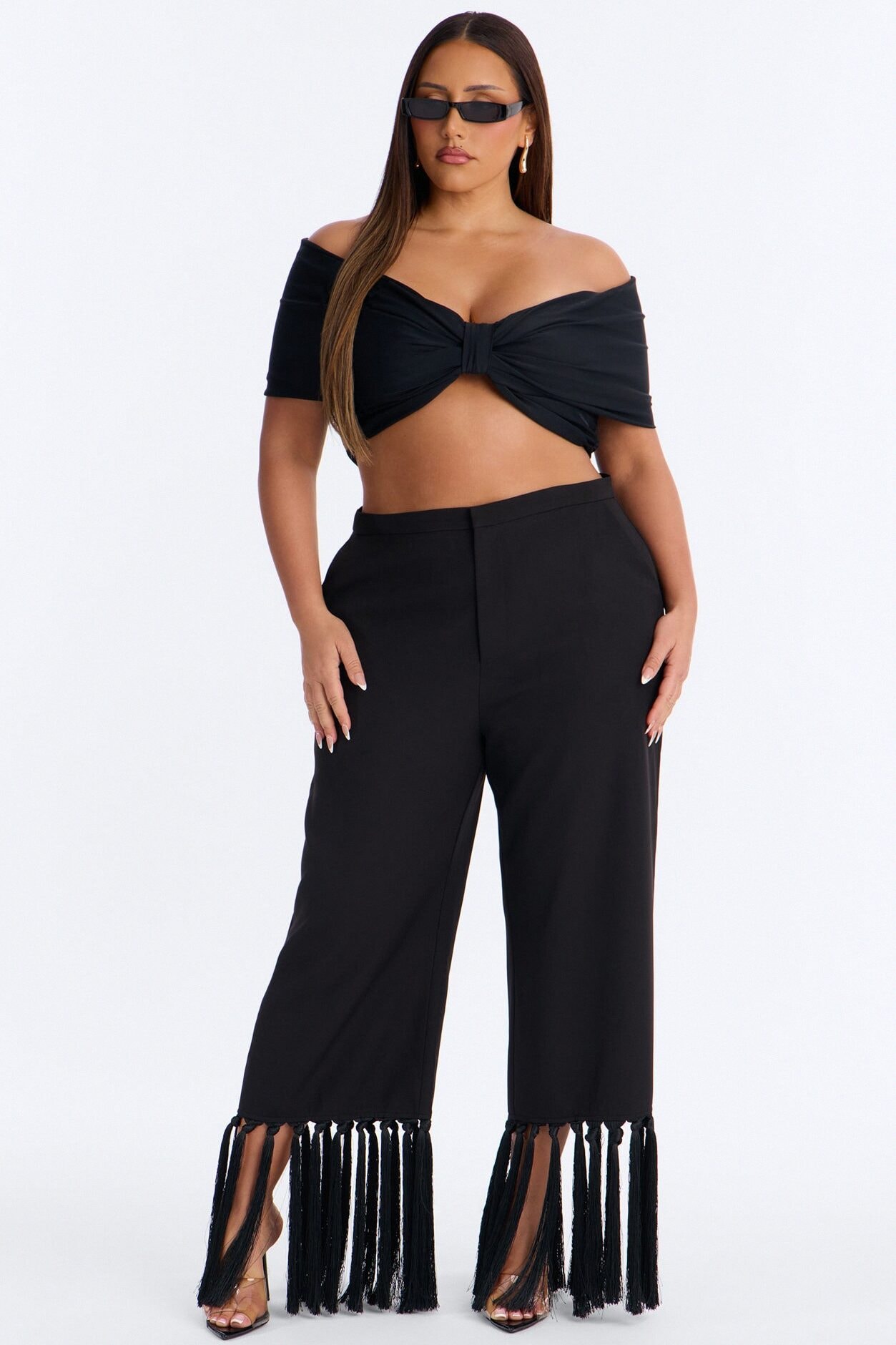 Samantha High Rise Wide Leg Tassel Fringe Trouser - Black image 1