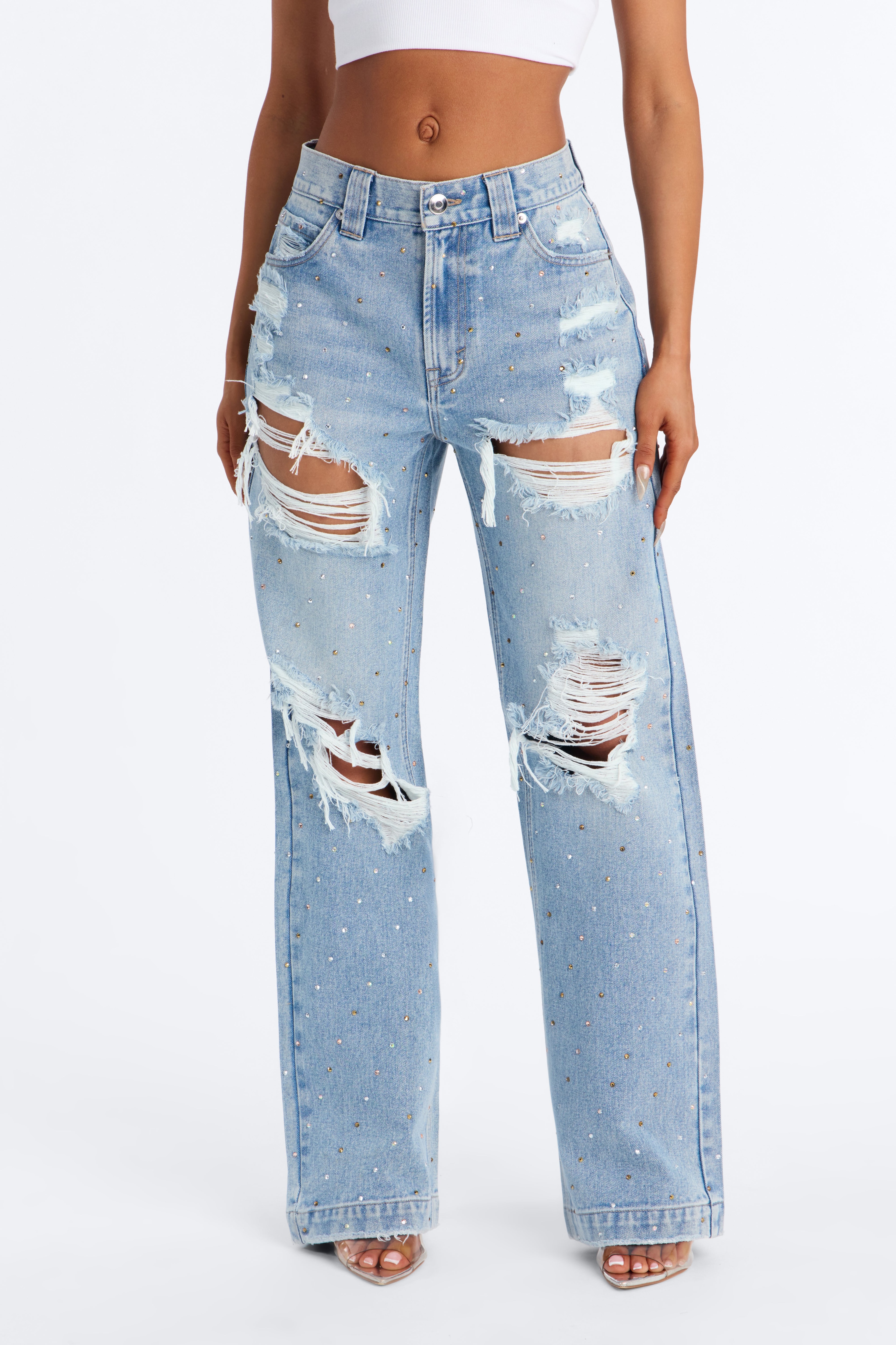 Shining Bright Embellished Ripped Straight Leg Jeans - Medium Wash image 1