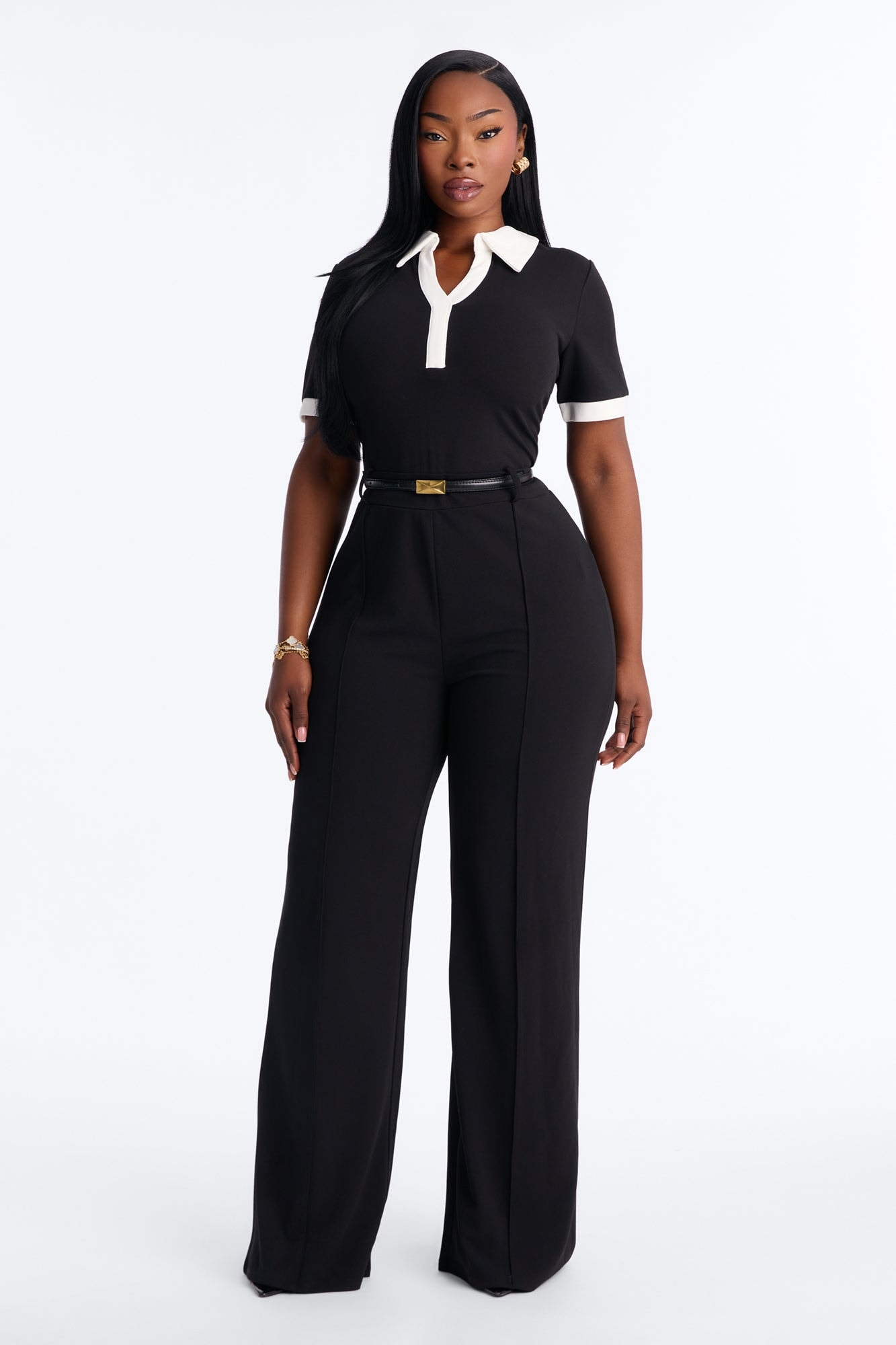 Angelique Belted Wide Leg Jumpsuit - Black/White image 1