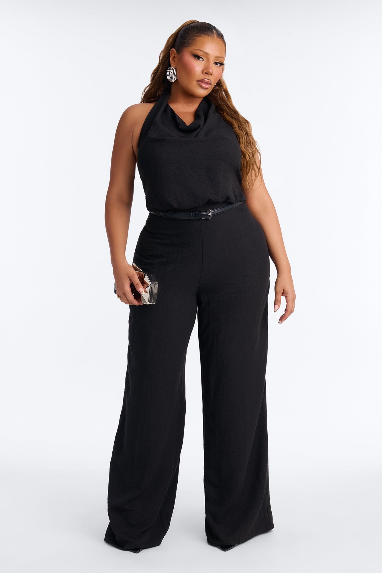Amelia Belted Halter Jumpsuit - Black image 1