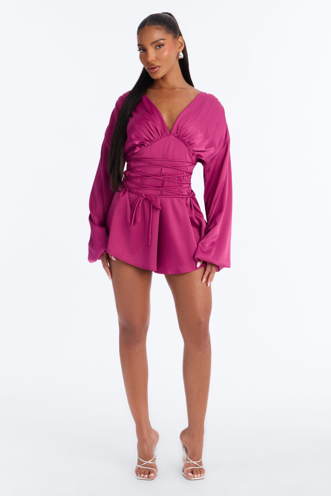 Mila Lace Up Satin Romper - Magenta image 1