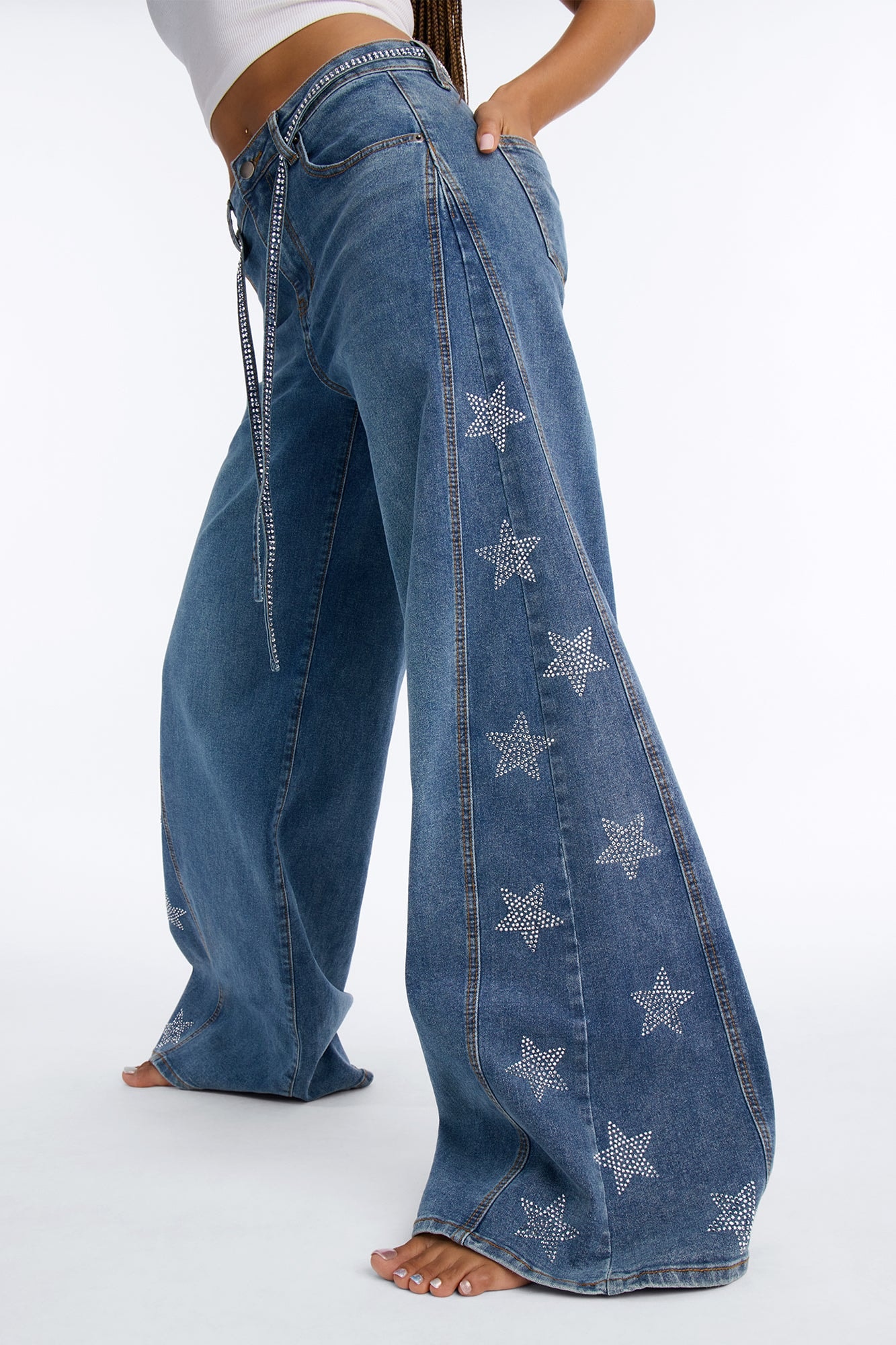 Seeing Stars Embellished Belted Wide Leg Jeans - Medium Wash image 1