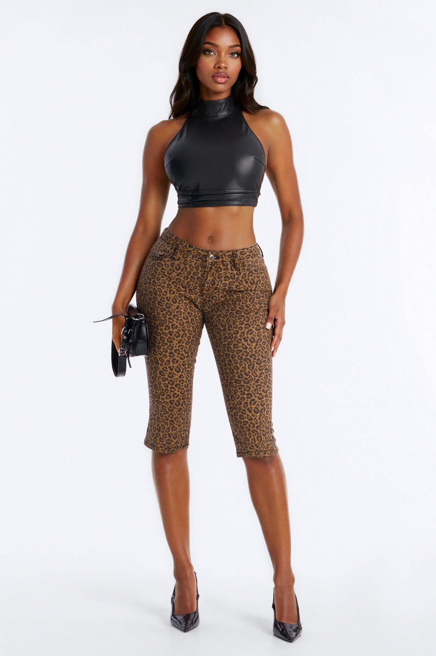 Retro Animal Skinny Capri Jeans - Brown Combo image 1