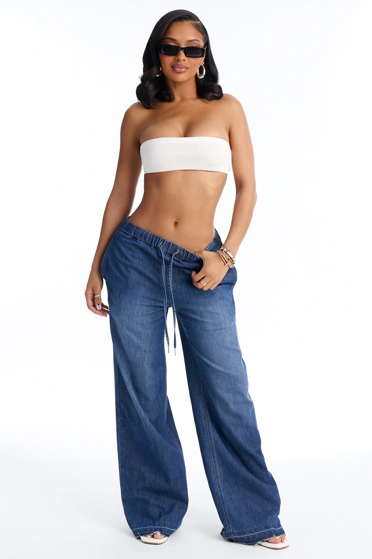 Marina Stretch Crosshatch Tie Waist Jeans - Medium Wash image 1