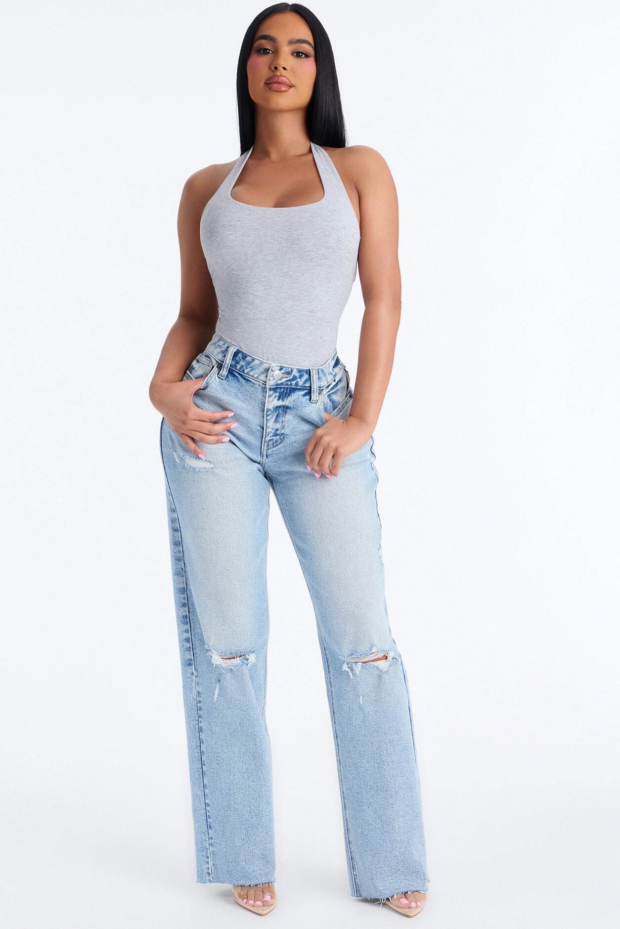 90s Classic Mid Rise Ripped Stretch Straight Leg Jeans - Light Wash image 1