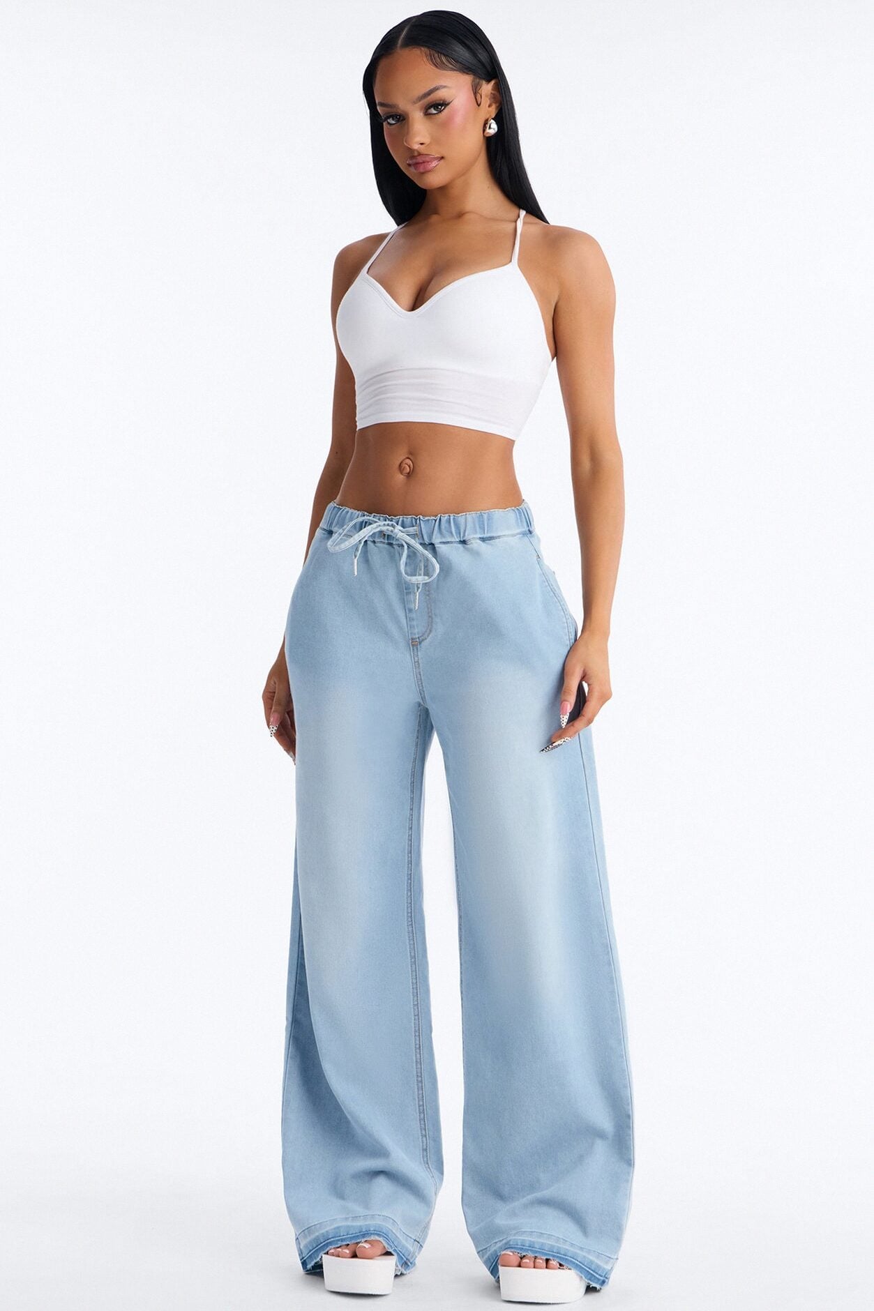 Marina Stretch Crosshatch Tie Waist Jeans - Light Blue Wash image 1