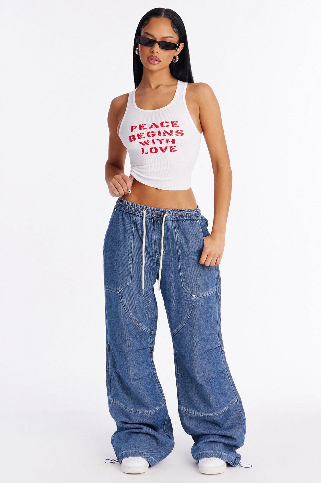 Flying Solo Drapey Tie Waist Jogger Jeans - Medium Wash image 1