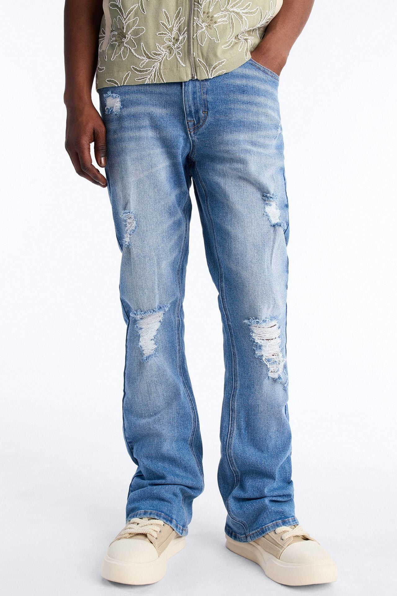 Essential Destroyed Stacked Skinny Flare Stretch Jean - Medium Blue Wash image 1