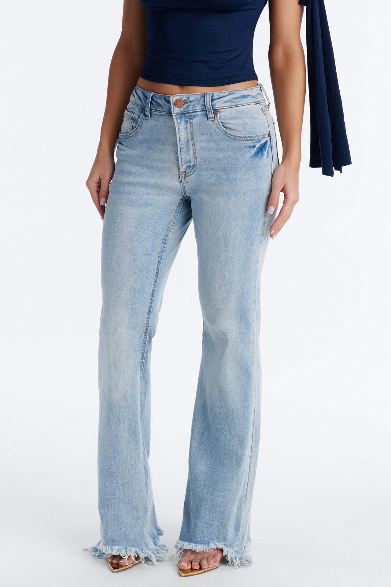 Young And Free Raw Hem Flare Jeans - Light Wash image 1