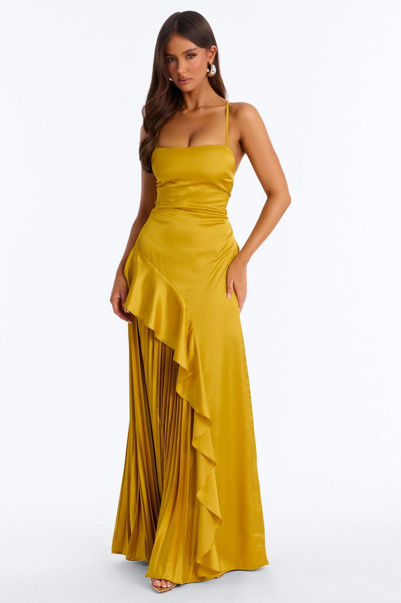 Veronica Pleated Ruffle Satin Gown - Gold image 1