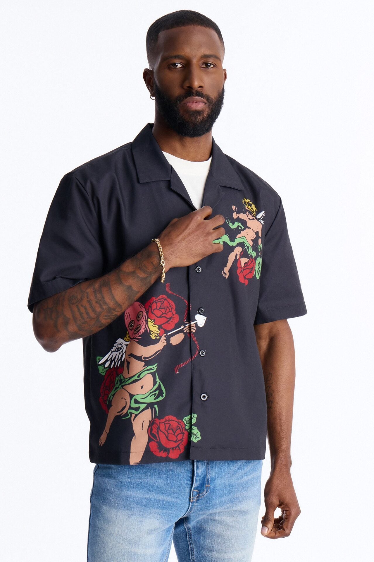 Rose Angel Street Cuban Collar Shirt - Black image 1