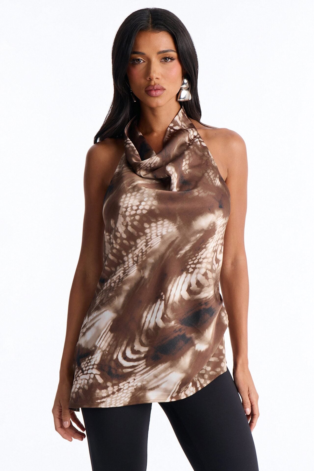 Street Scene Mock Neck Satin Top - Brown/combo image 1