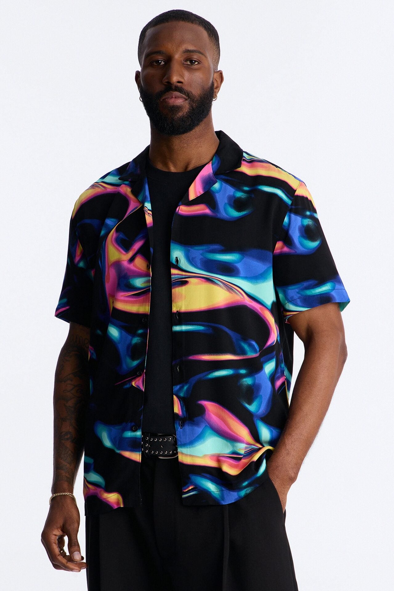 Retro Vibe Cuban Collar Button Up Shirt - Blue/combo image 1