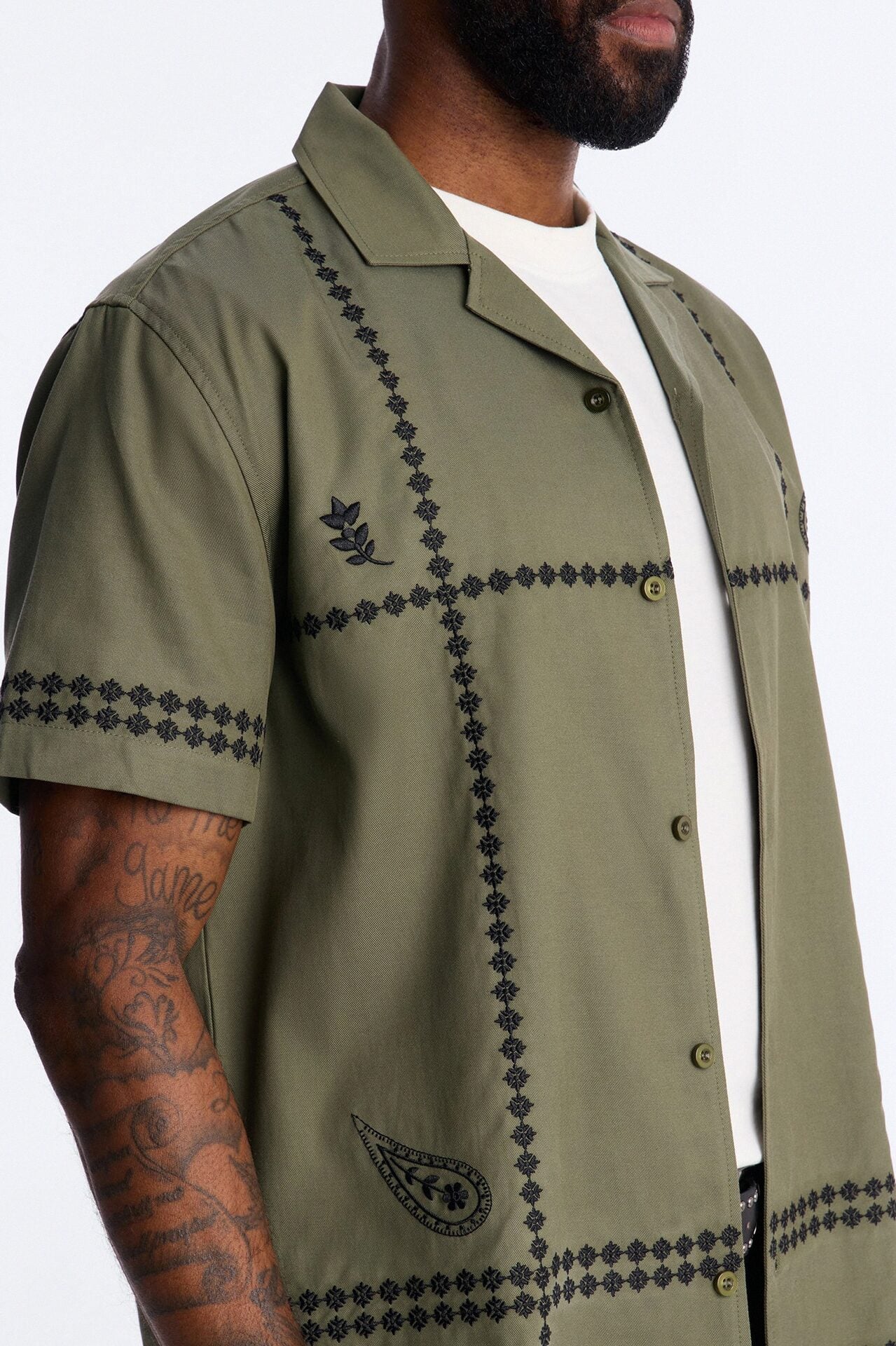 Coastal Embroidered Cuban Collar Button Up Shirt - Olive image 1