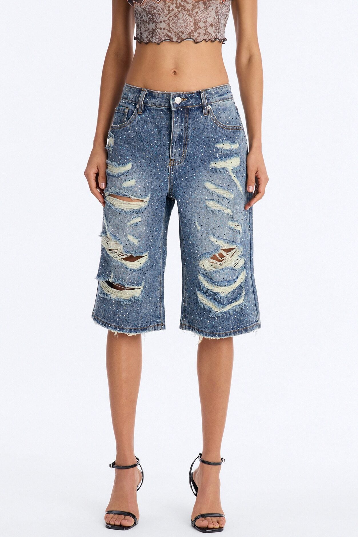 Moonlight Flicker Embellished Rhinestones Denim Jorts - Vintage Wash image 1