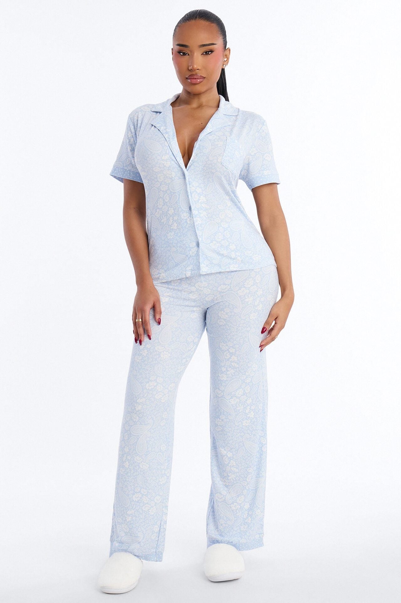 Ditsy Paisley Notch Collar PJ Pant Set - Ice Blue image 1
